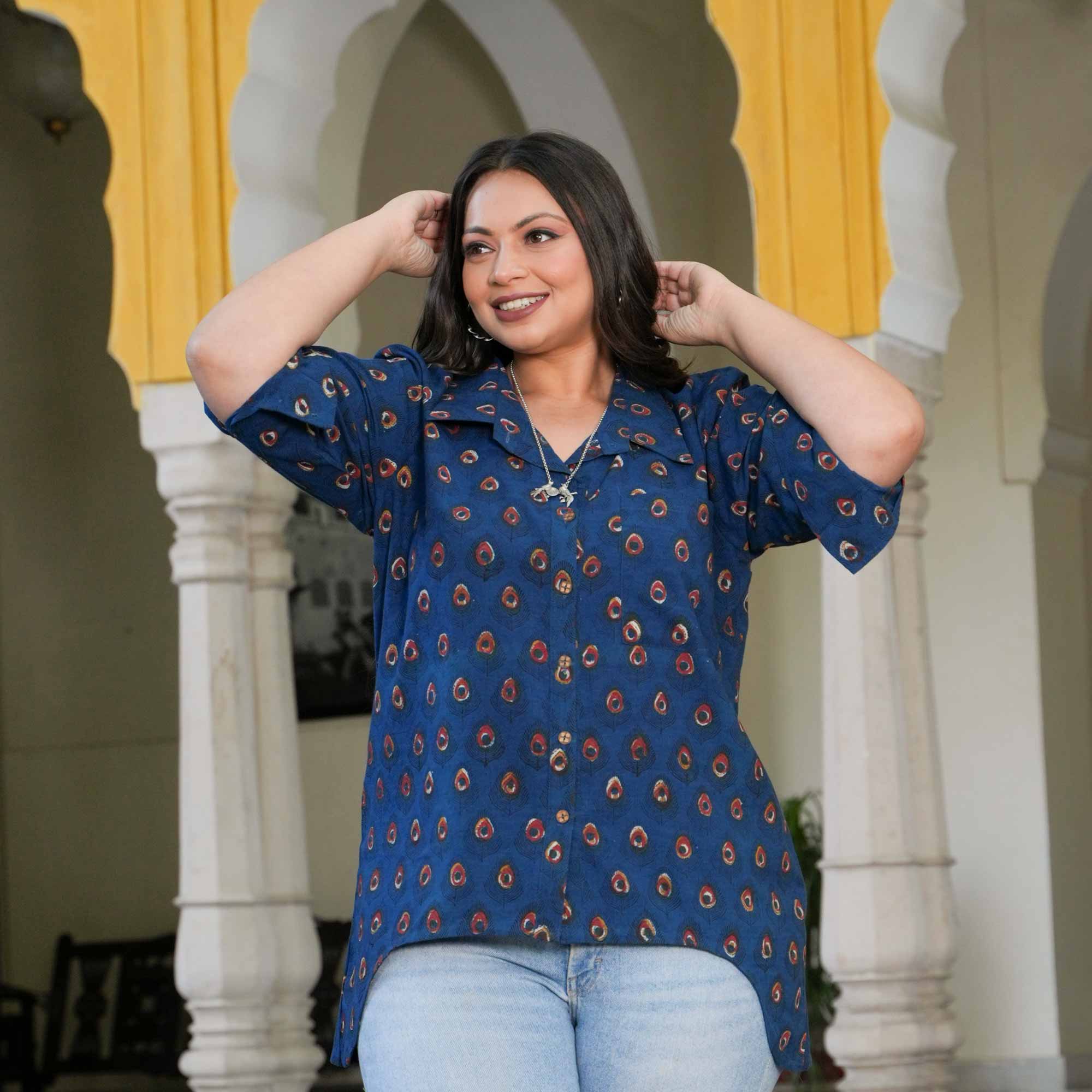 Indigo Peacock Handblock Printed Assymetrical Cotton Shirt