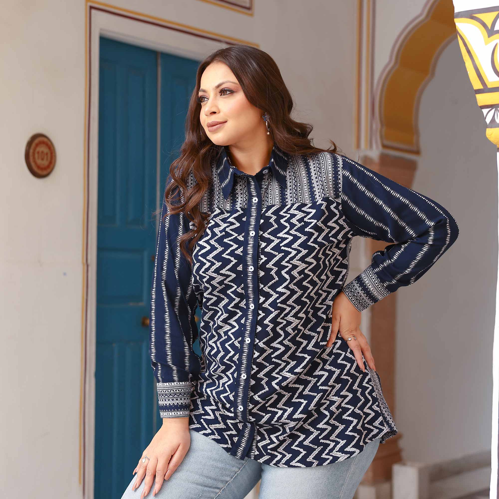 Midnight Blue Ripple Cotton Lycra Shirt