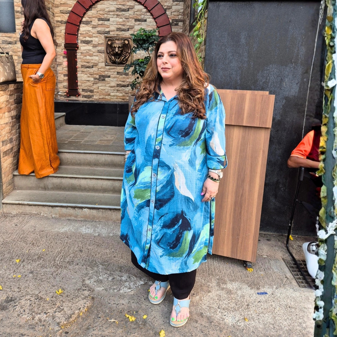 Under The Ocean- Sea Blue Abstract Print Shirt Kurta