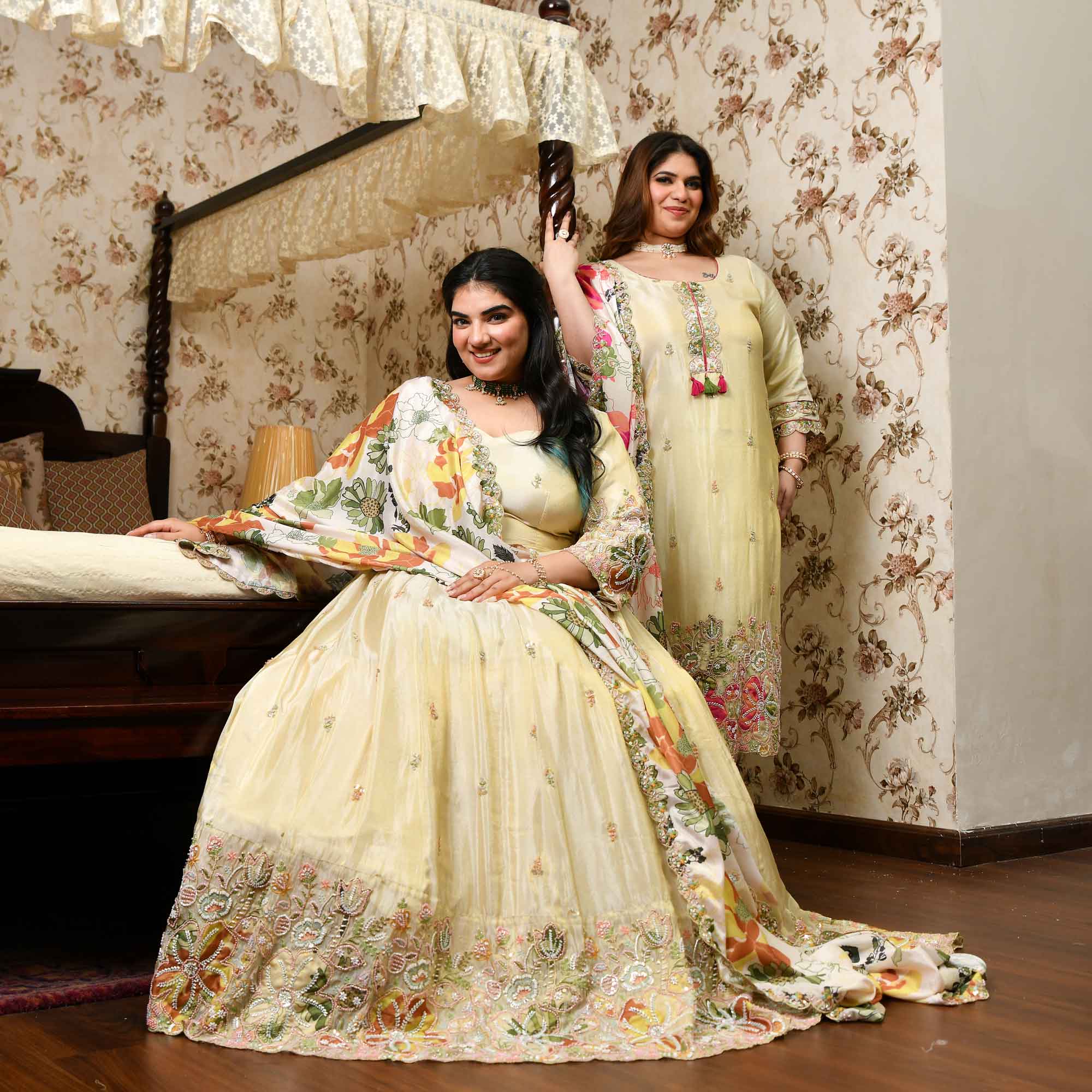 Teri Deewani- Ivory & Gold Pure Cosmos Tissue Silk Cutdana Embroidered Suit Set