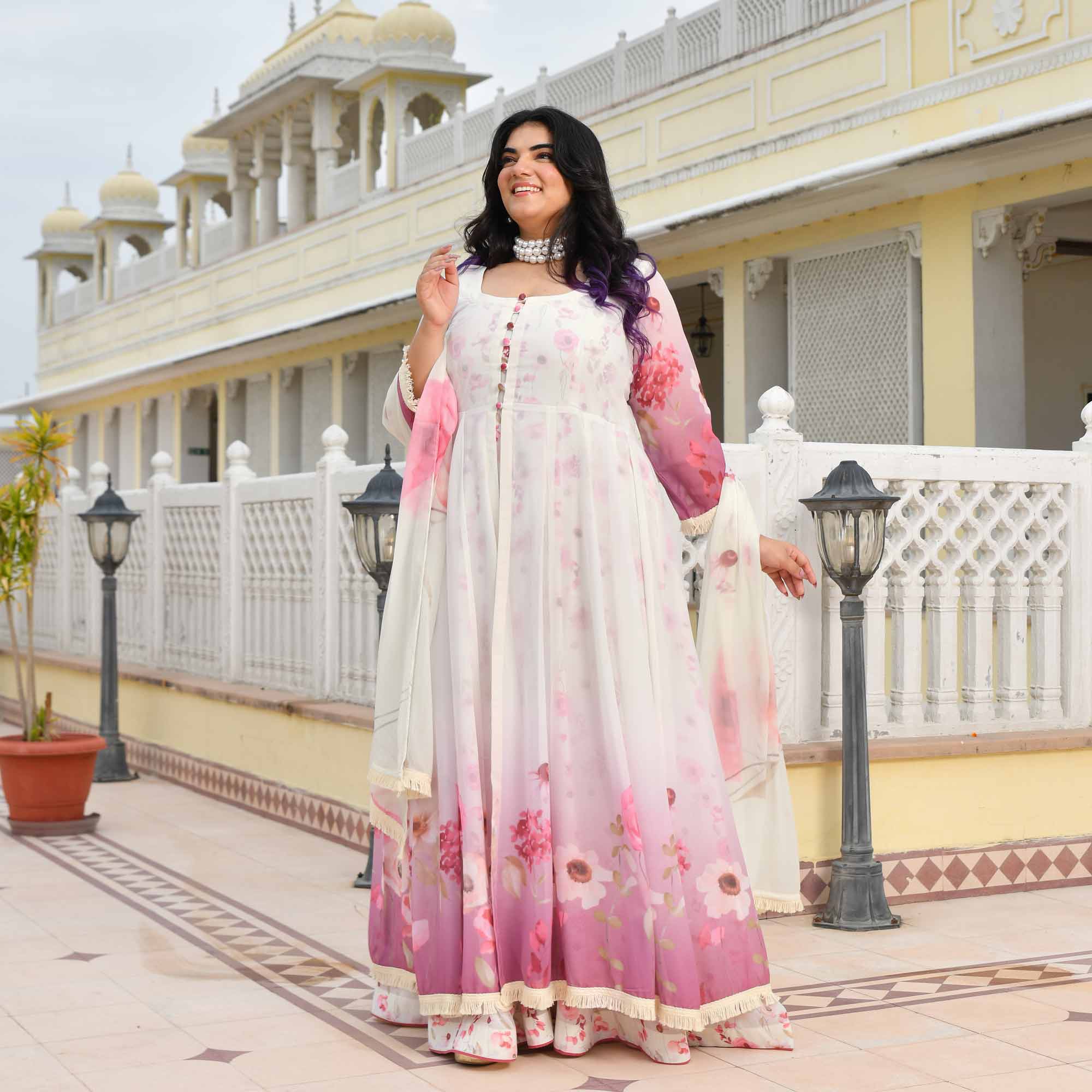 Cheesecake- Pearl White & Pink Floral Georgette Cape Set