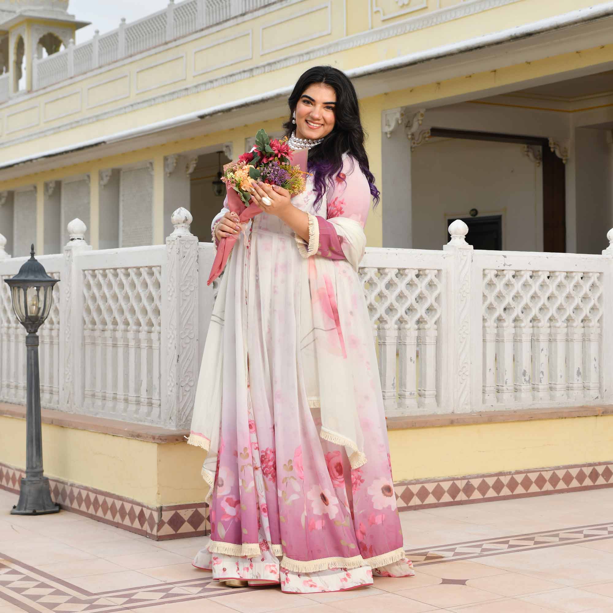 Cheesecake- Pearl White & Pink Floral Georgette Cape Set