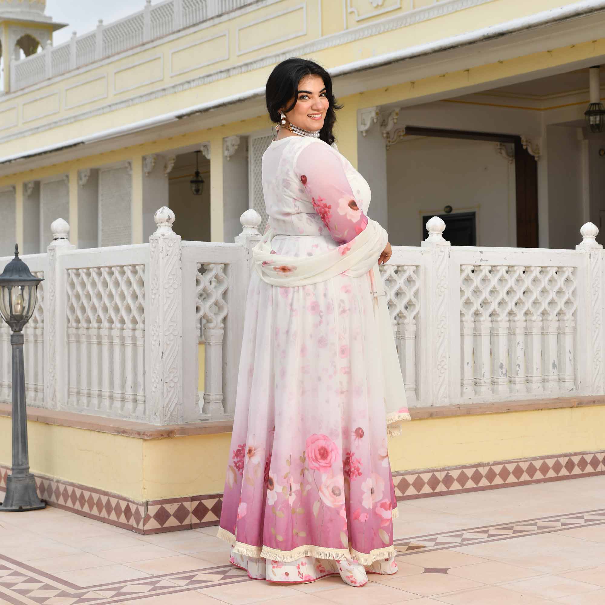 Cheesecake- Pearl White & Pink Floral Georgette Cape Set