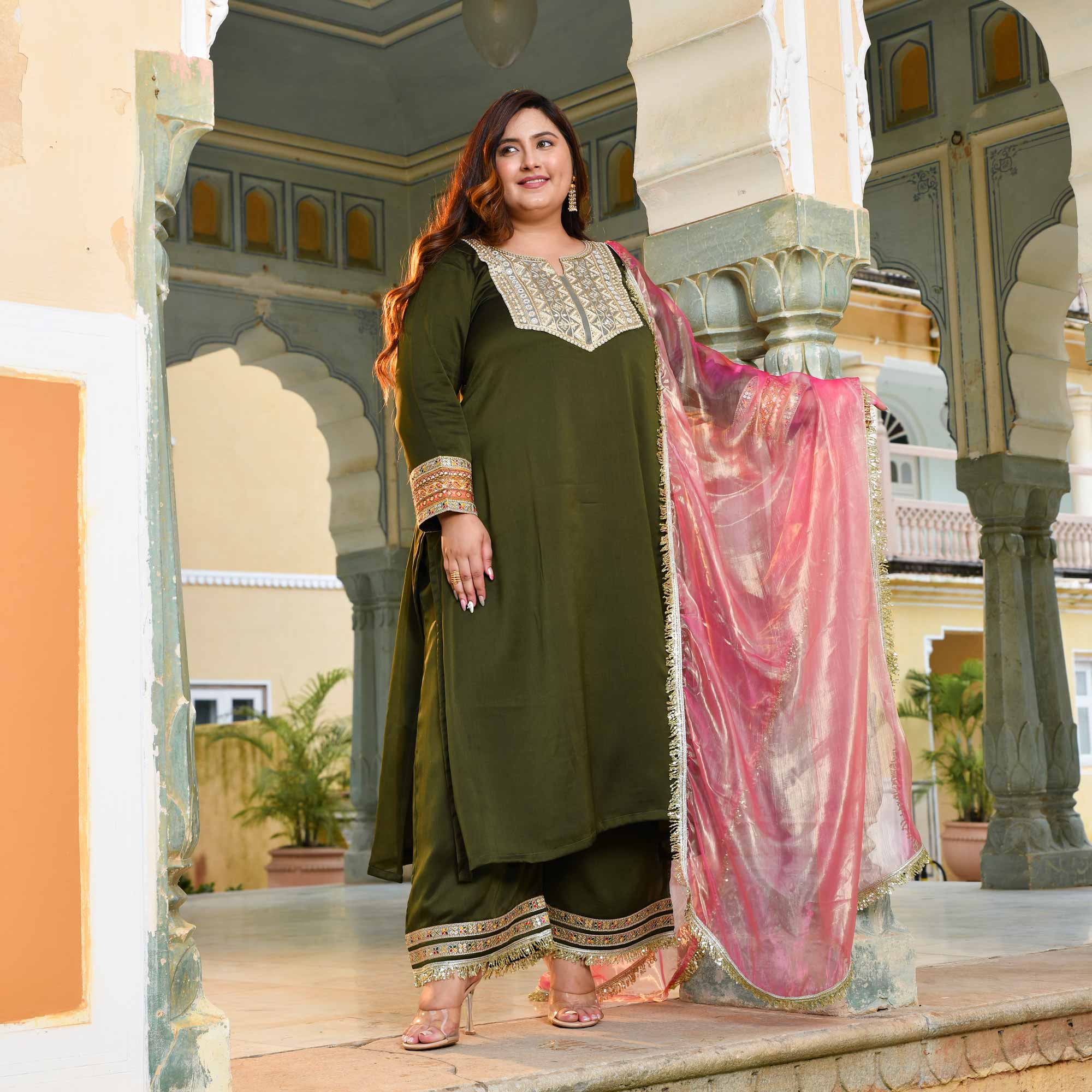 Sunheri Aabha- Mehendi Green Silk Chiffon Embroidered Suit Set