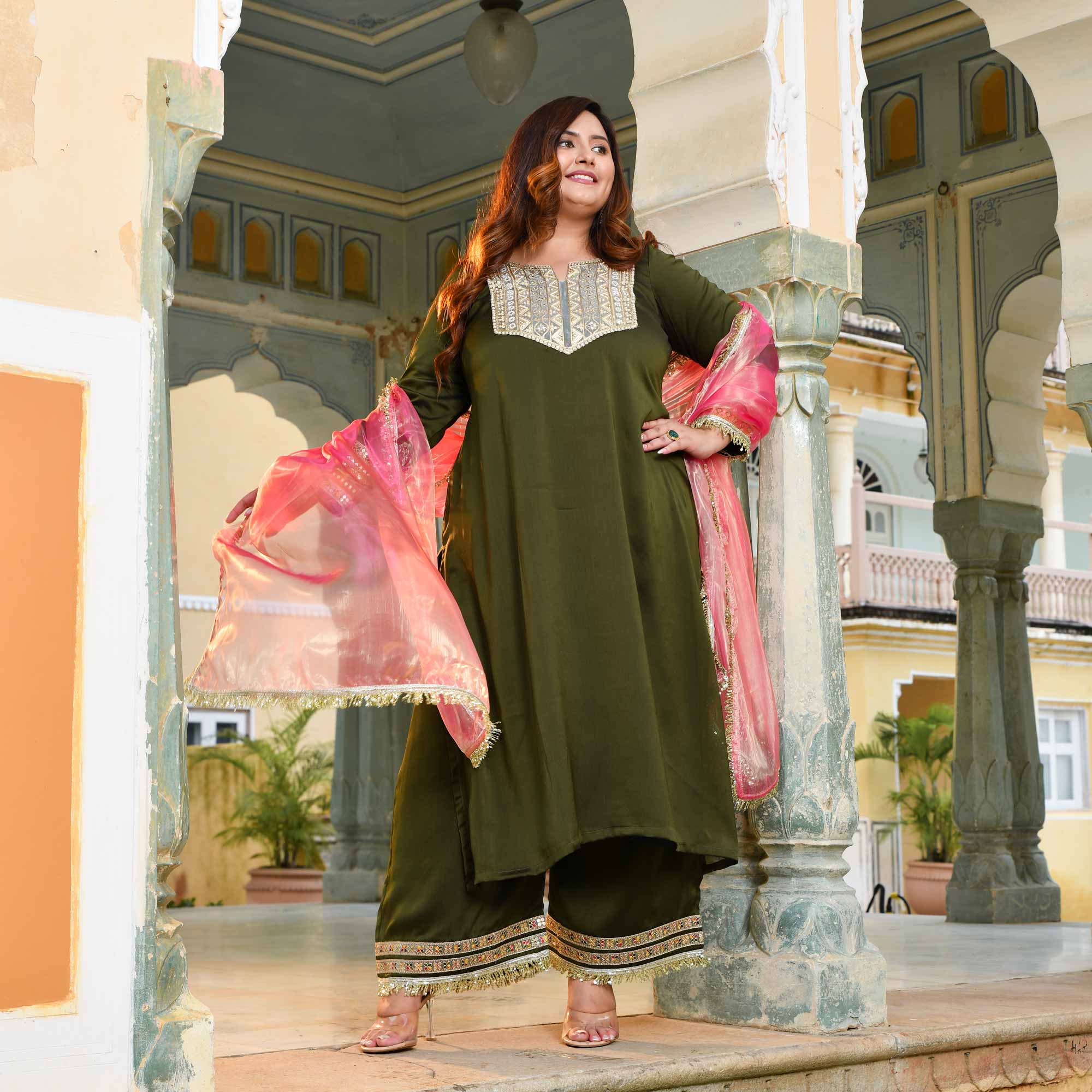 Sunheri Aabha- Mehendi Green Silk Chiffon Embroidered Suit Set