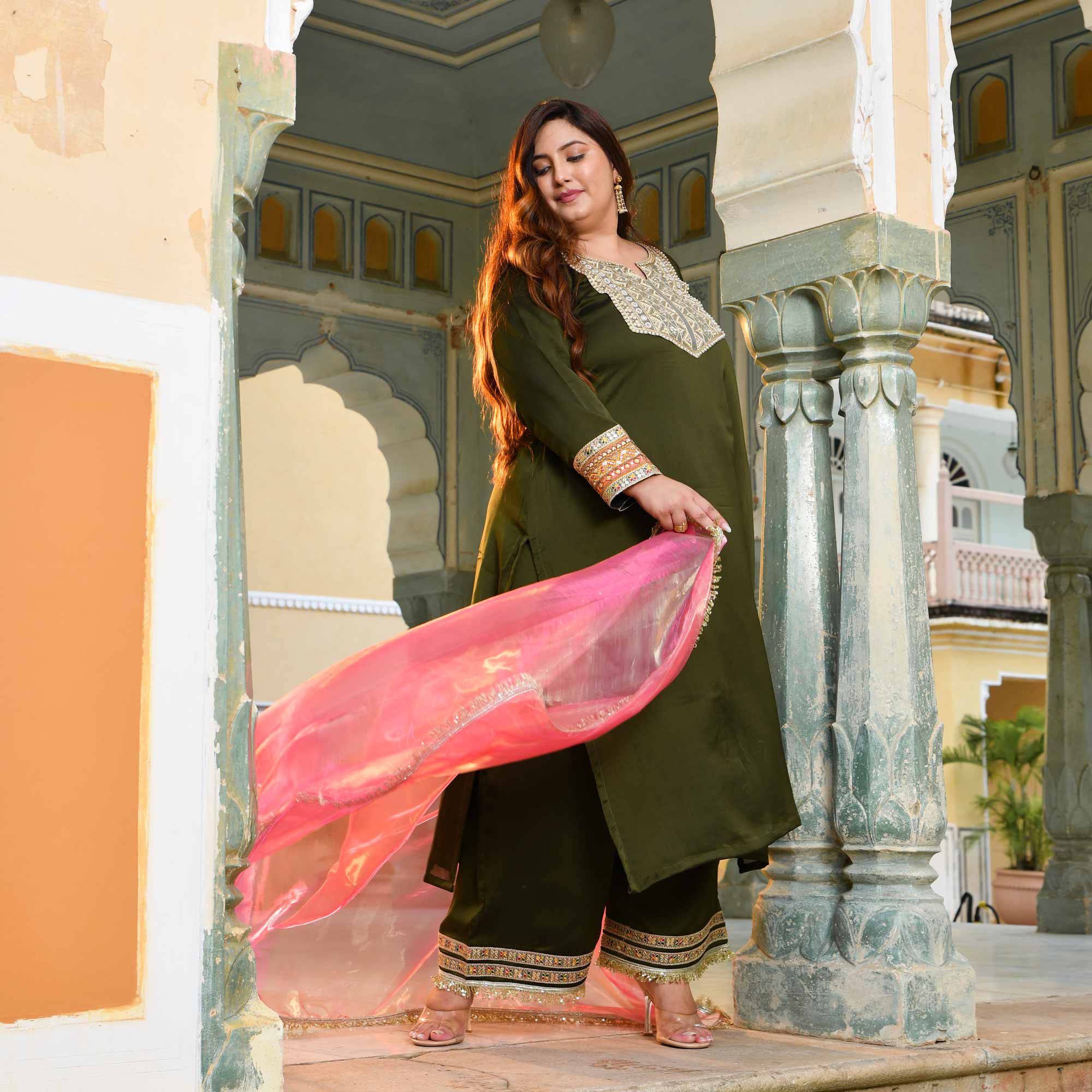 Sunheri Aabha- Mehendi Green Silk Chiffon Embroidered Suit Set