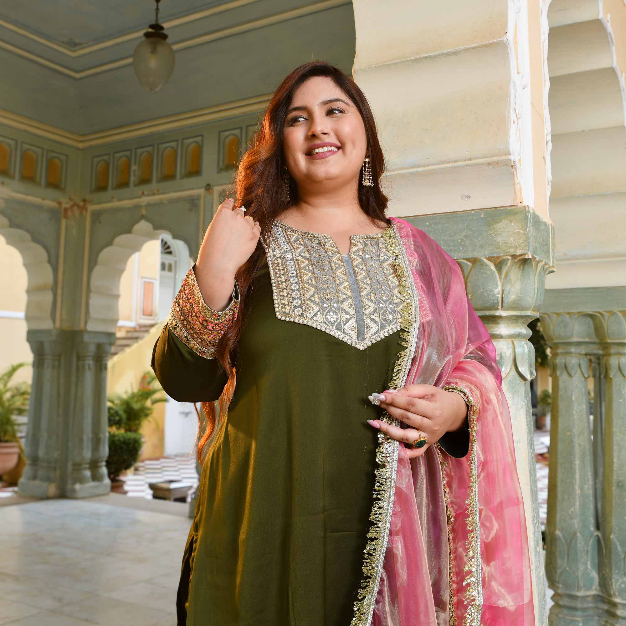 Sunheri Aabha- Mehendi Green Silk Chiffon Embroidered Suit Set