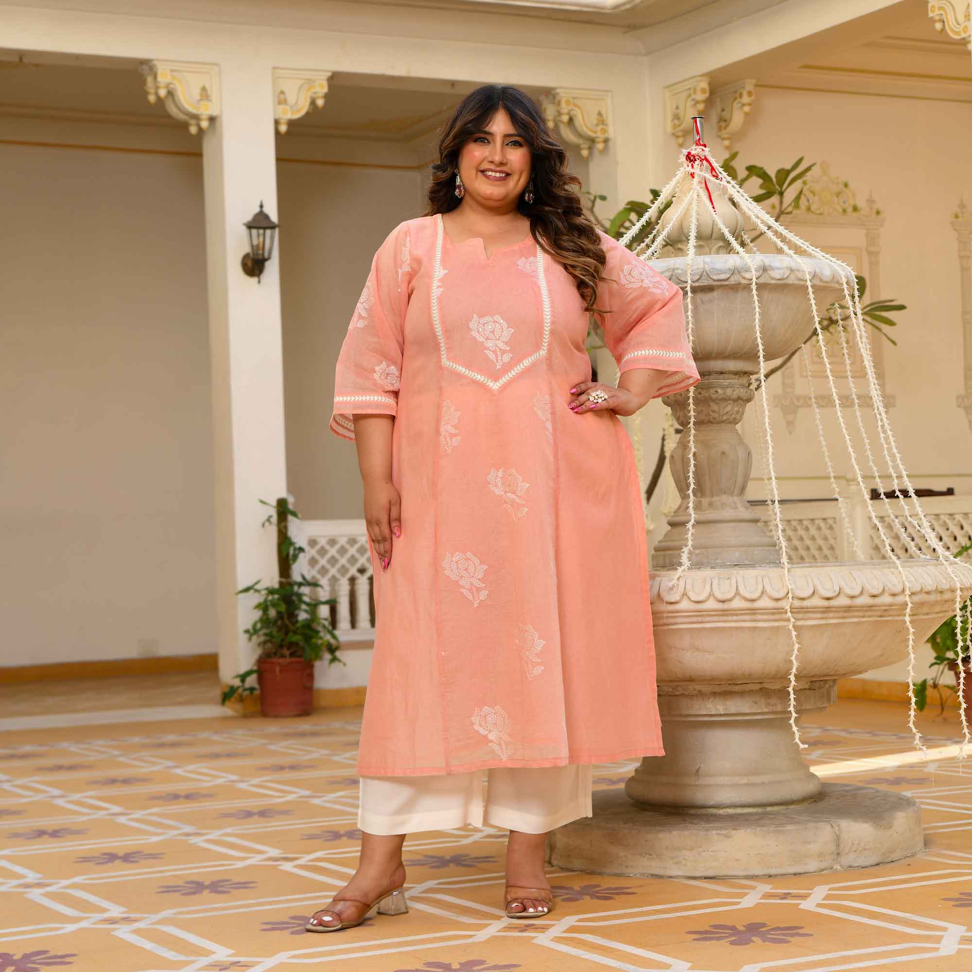 Apricot- Peach Floral Thread Embroidered Mul Chanderi Kurta