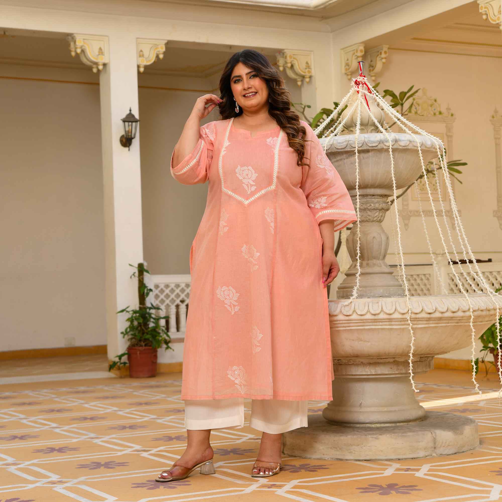 Apricot- Peach Floral Thread Embroidered Mul Chanderi Kurta