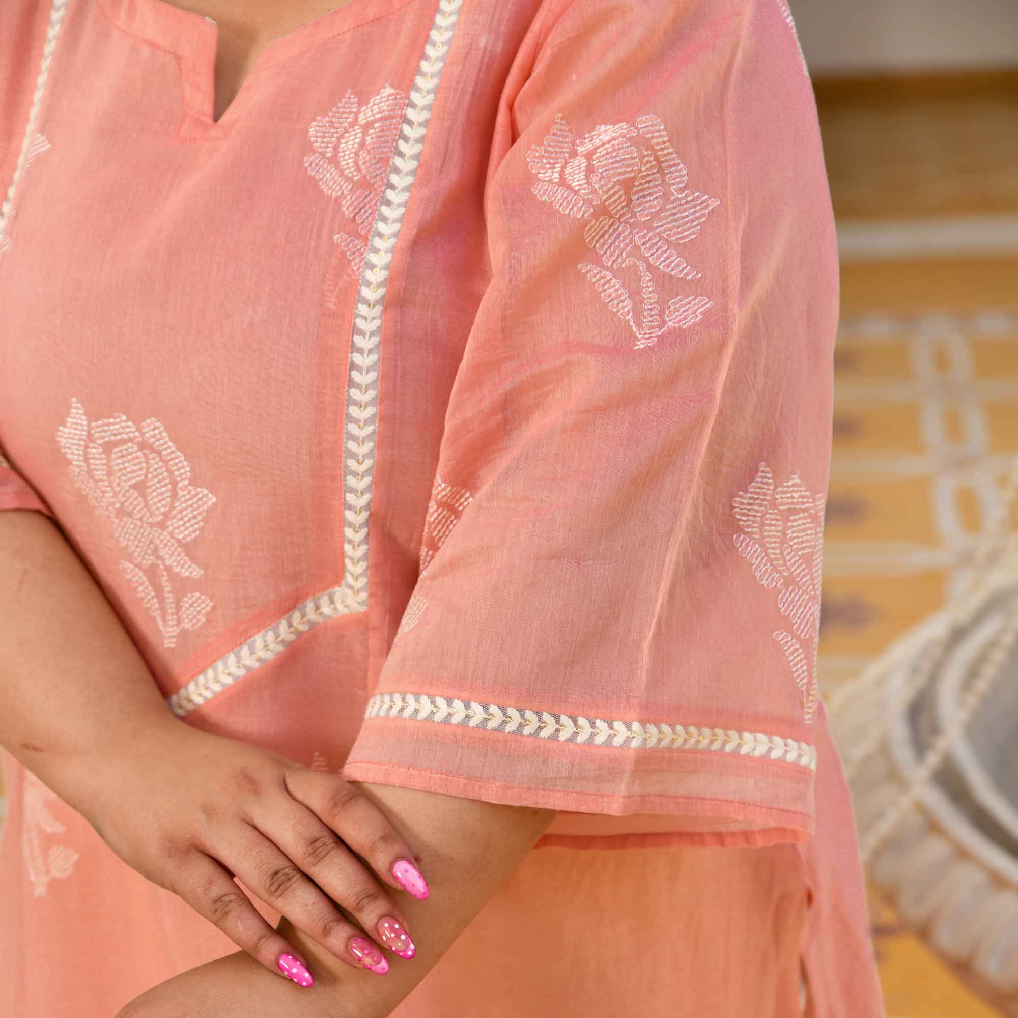 Apricot- Peach Floral Thread Embroidered Mul Chanderi Kurta
