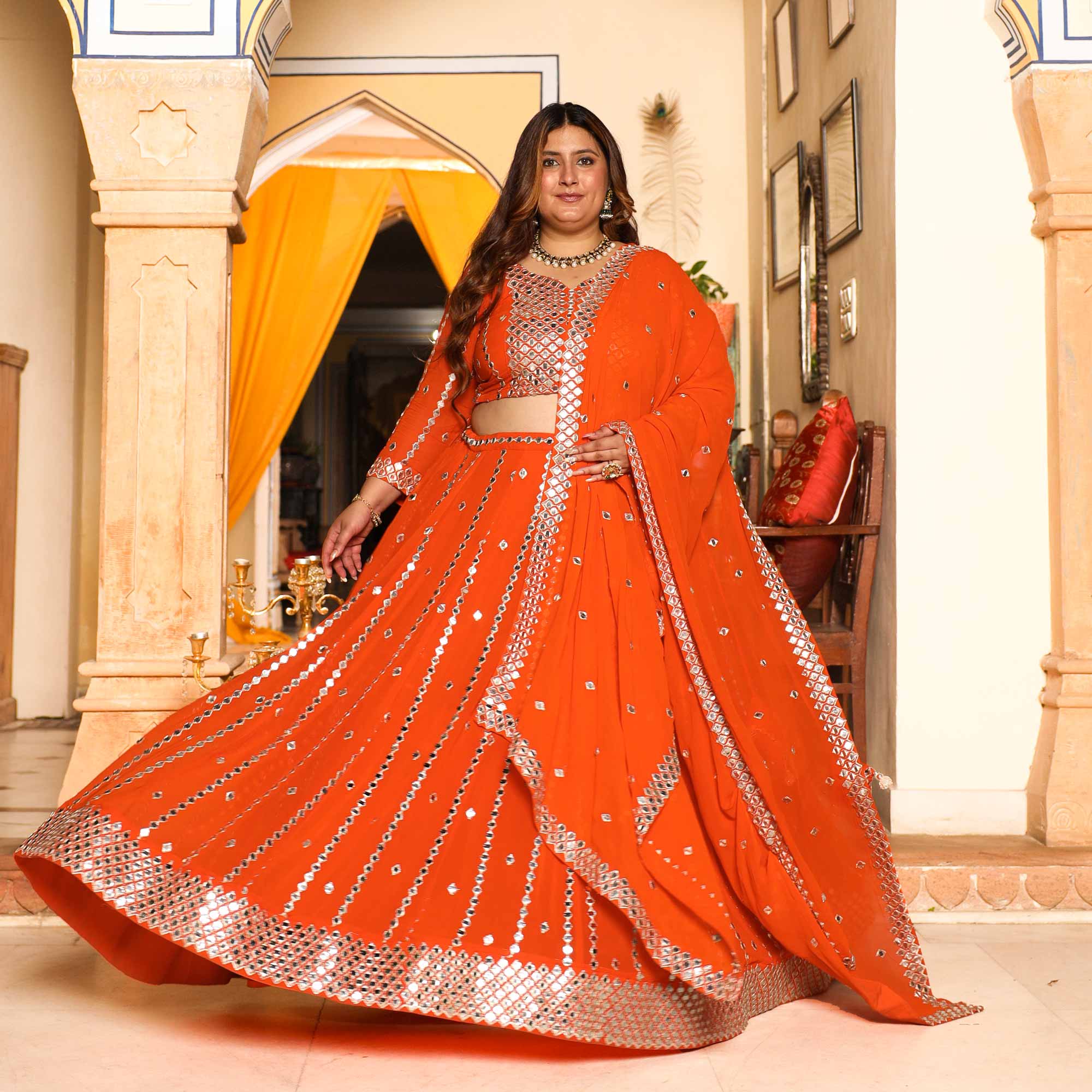 Spiced Mandarine-Orange Mirror Embroidered Pure Georgette Lehenga Set