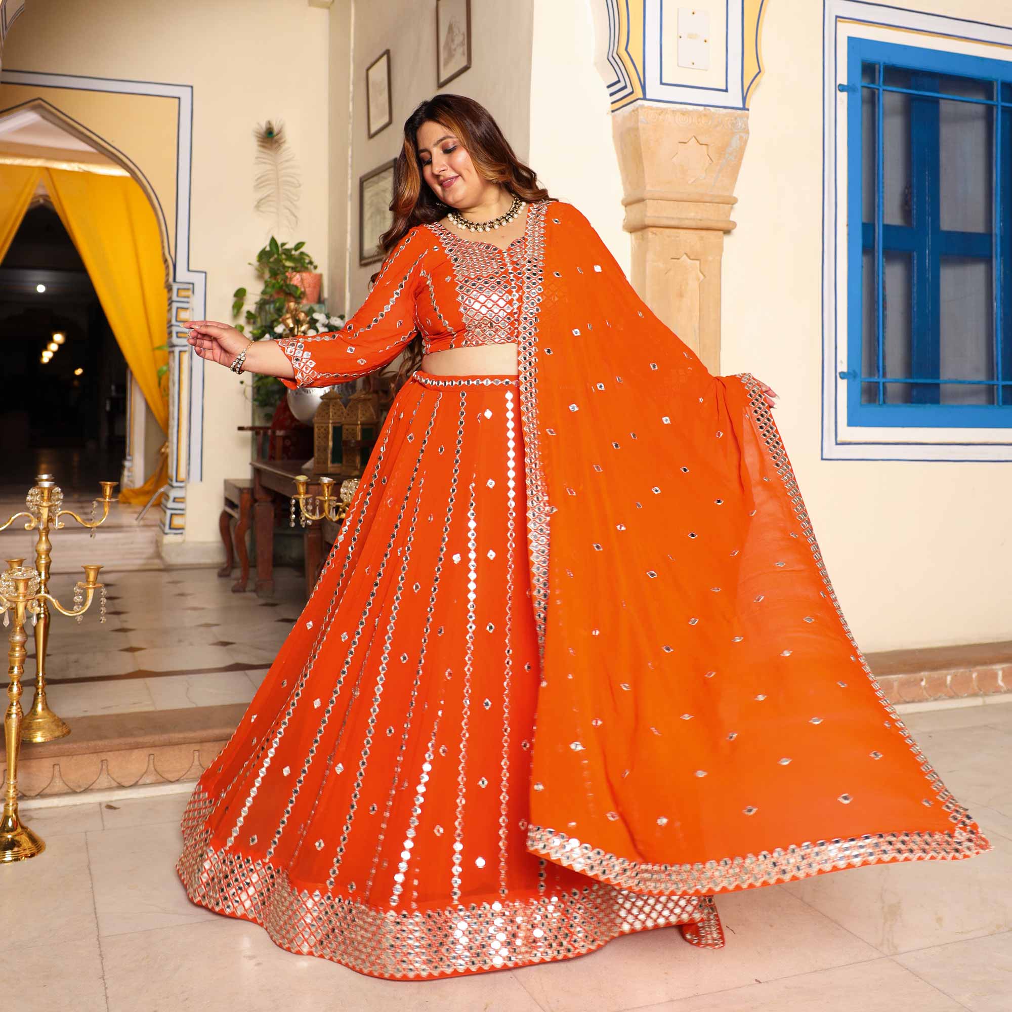 Spiced Mandarine-Orange Mirror Embroidered Pure Georgette Lehenga Set