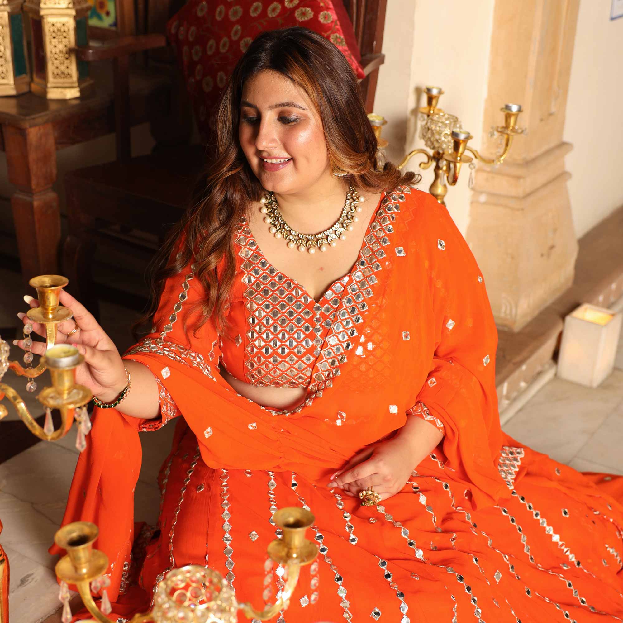 Spiced Mandarine-Orange Mirror Embroidered Pure Georgette Lehenga Set