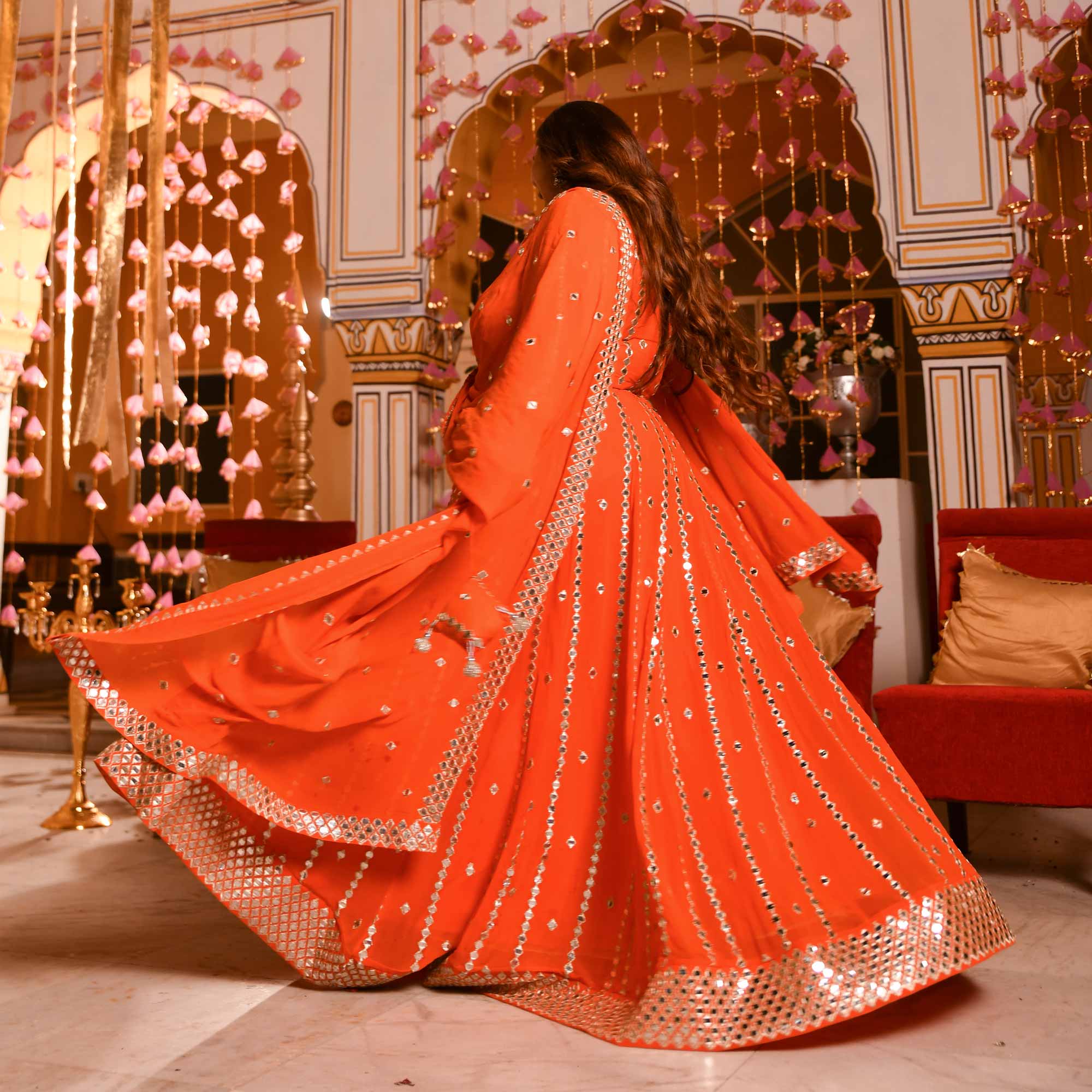 Spiced Mandarine-Orange Mirror Embroidered Pure Georgette Lehenga Set