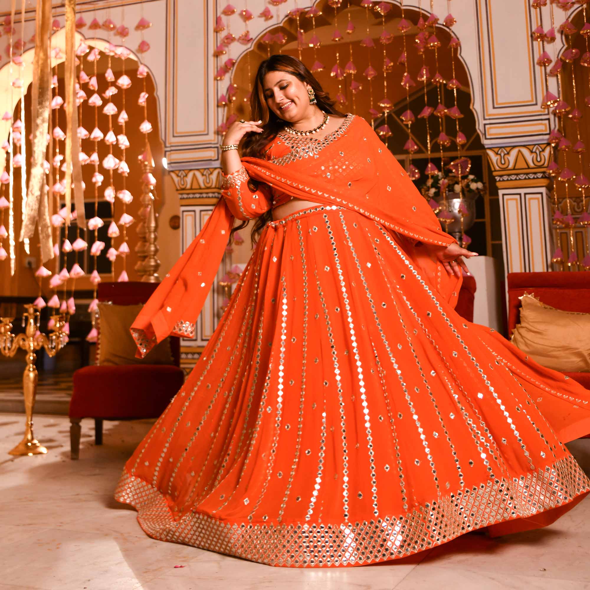 Spiced Mandarine-Orange Mirror Embroidered Pure Georgette Lehenga Set