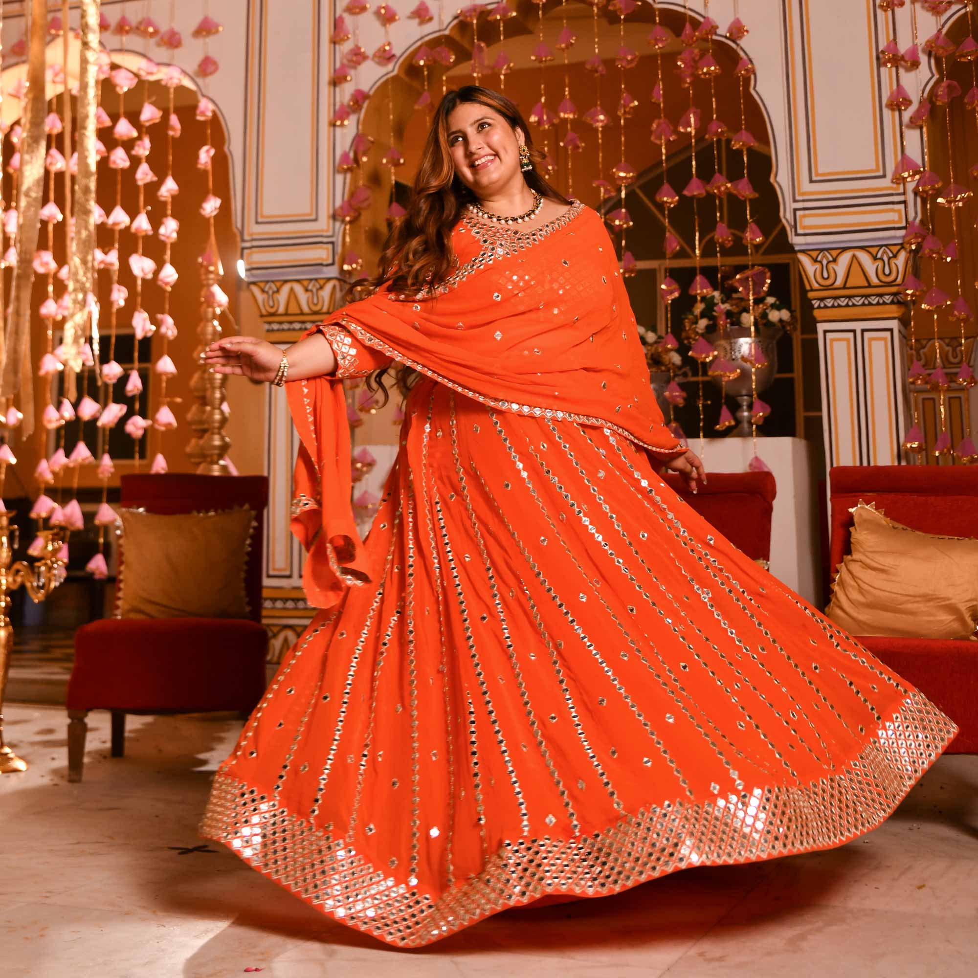 Spiced Mandarine-Orange Mirror Embroidered Pure Georgette Lehenga Set