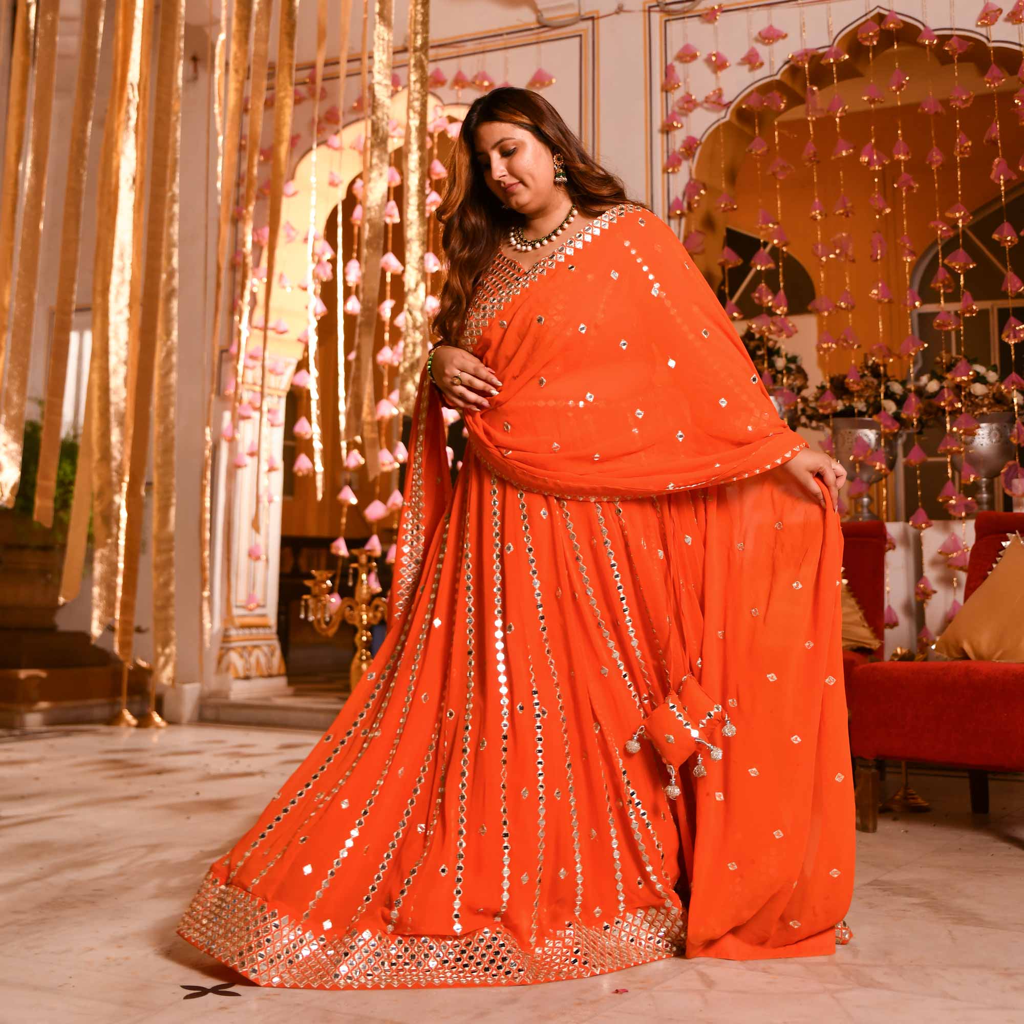 Spiced Mandarine-Orange Mirror Embroidered Pure Georgette Lehenga Set