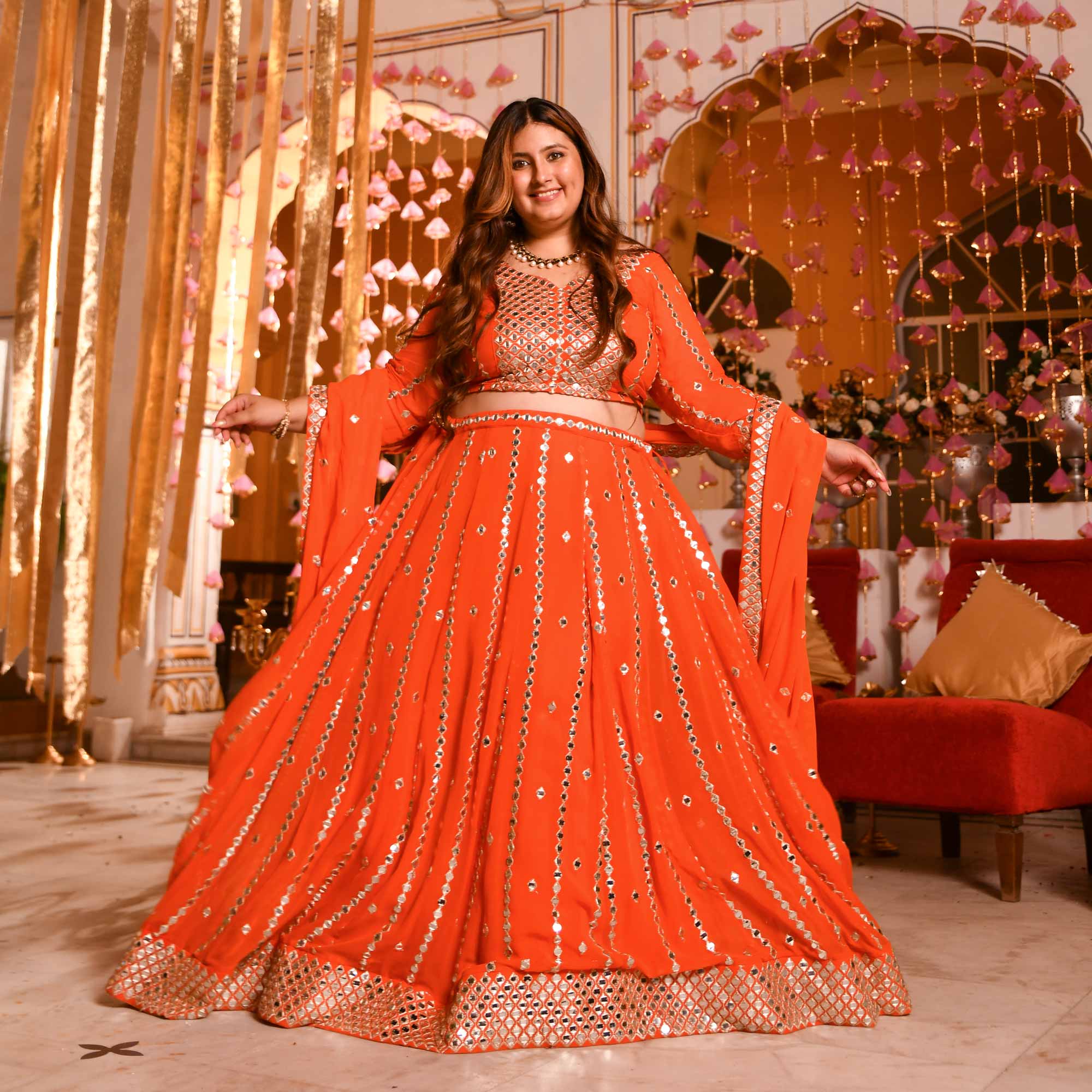 Spiced Mandarine-Orange Mirror Embroidered Pure Georgette Lehenga Set