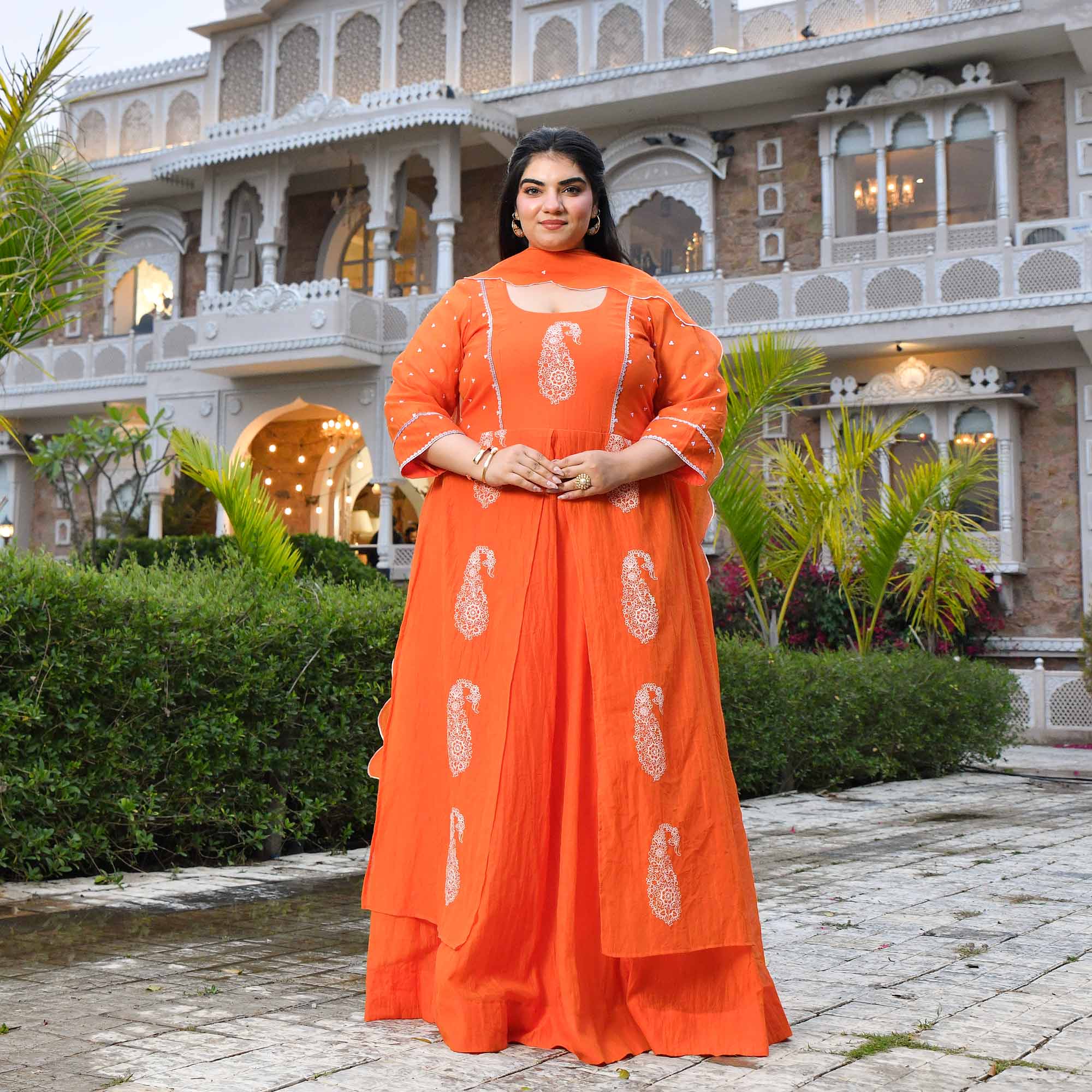Kinnow- Tangerine Orange Paisley Thread Embroidered Mul Chanderi Anarkali Dress