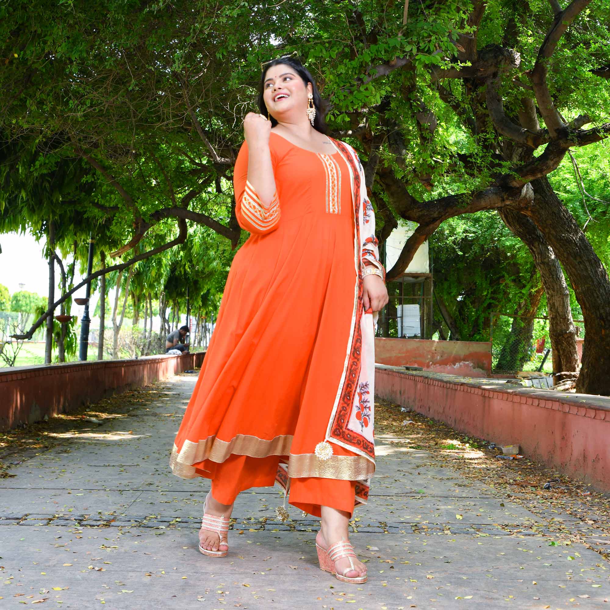 Tangerine Floral Cotton Anarkali Set