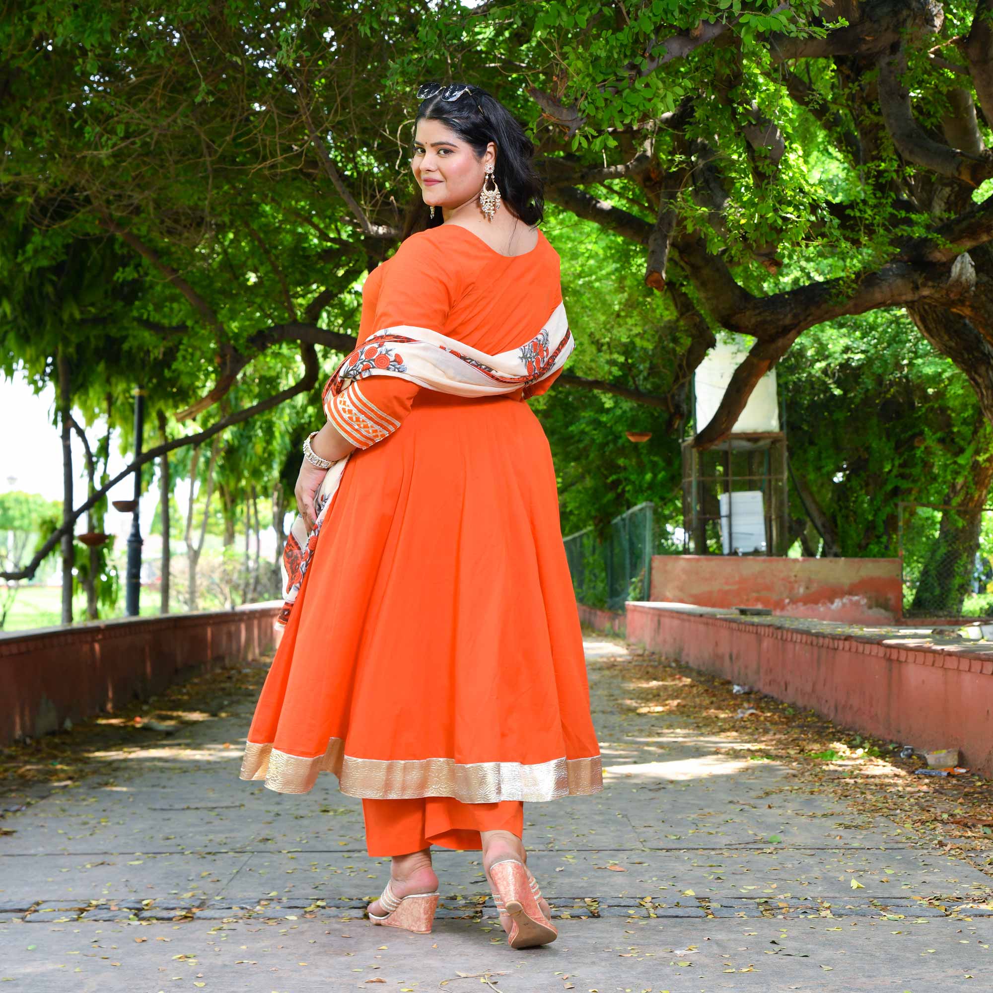 Tangerine Floral Cotton Anarkali Set