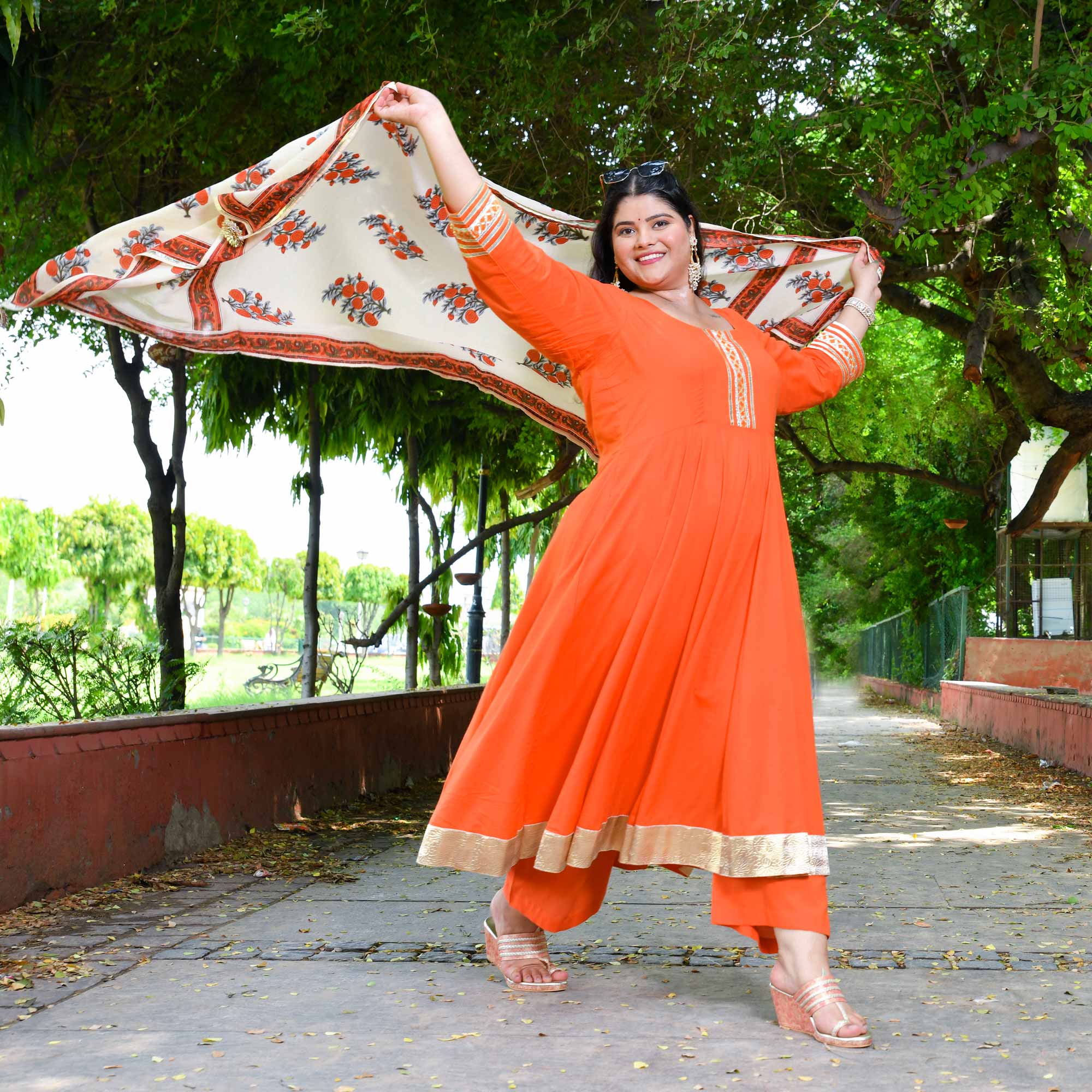 Tangerine Floral Cotton Anarkali Set