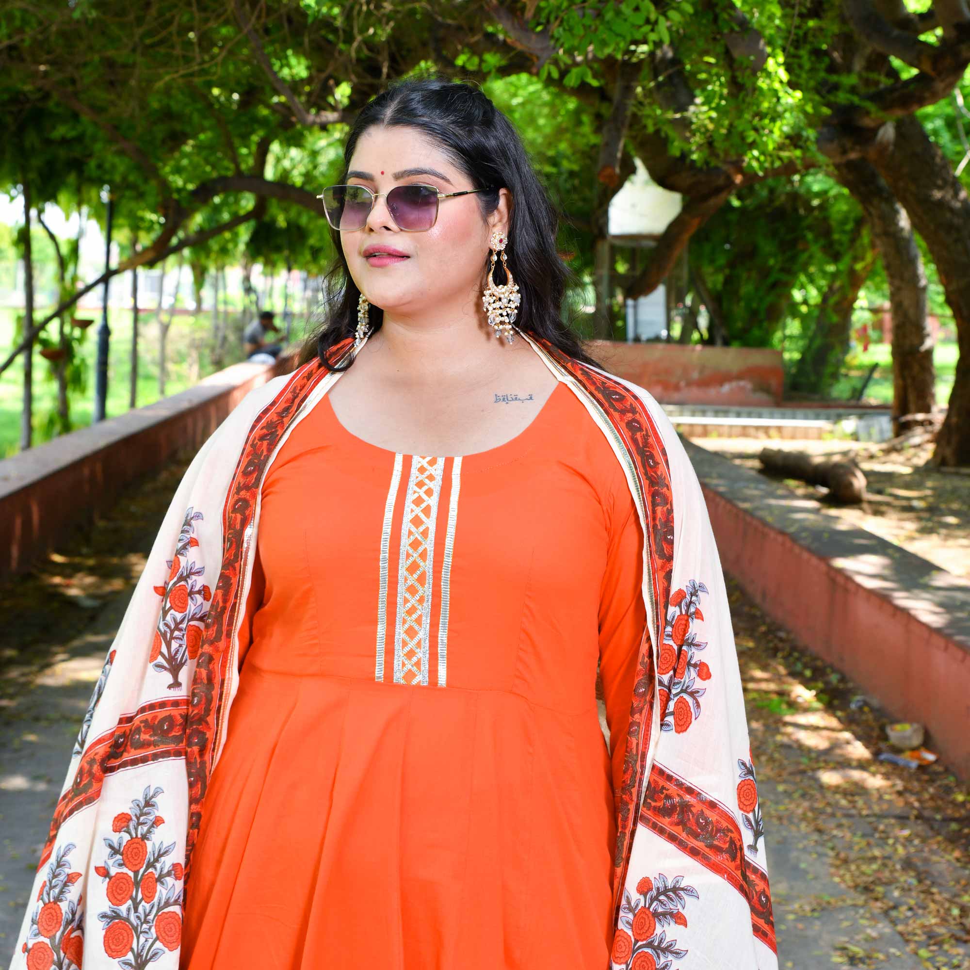 Tangerine Floral Cotton Anarkali Set