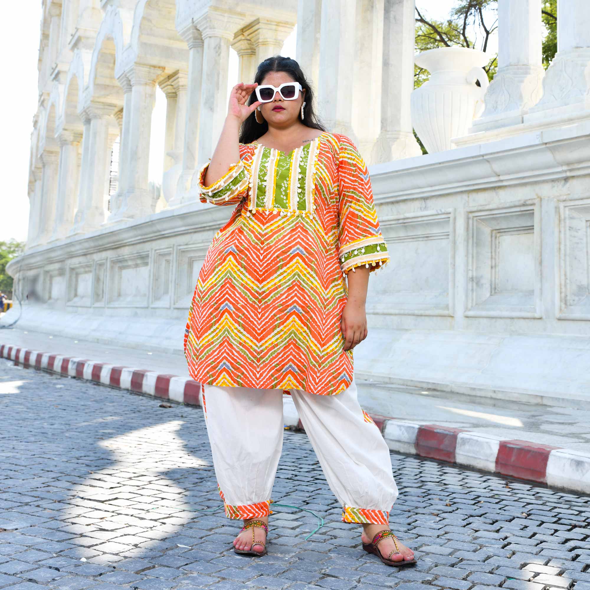 Tangy Splash- Orange Leheriya Cotton Bohemian Set