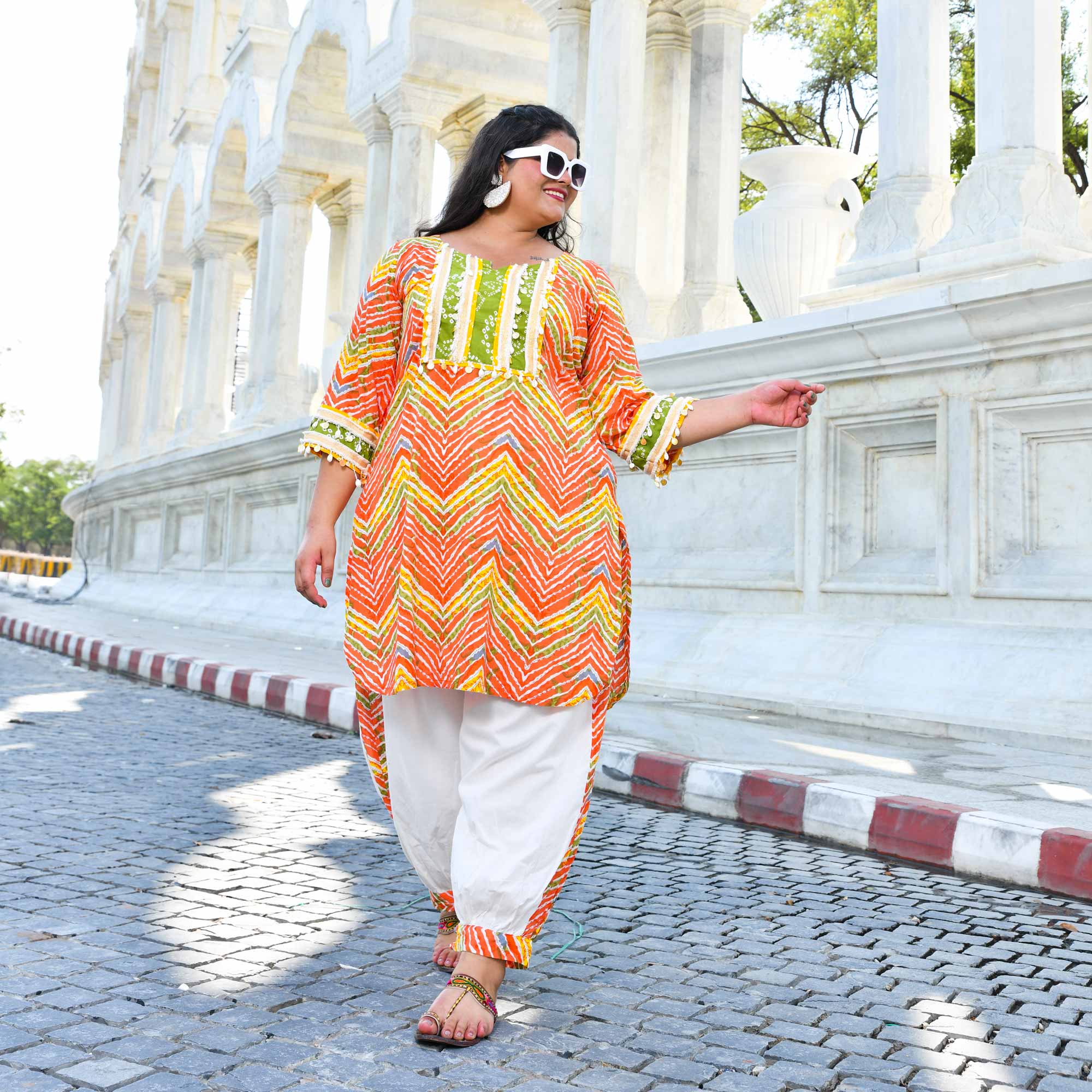 Tangy Splash- Orange Leheriya Cotton Bohemian Set