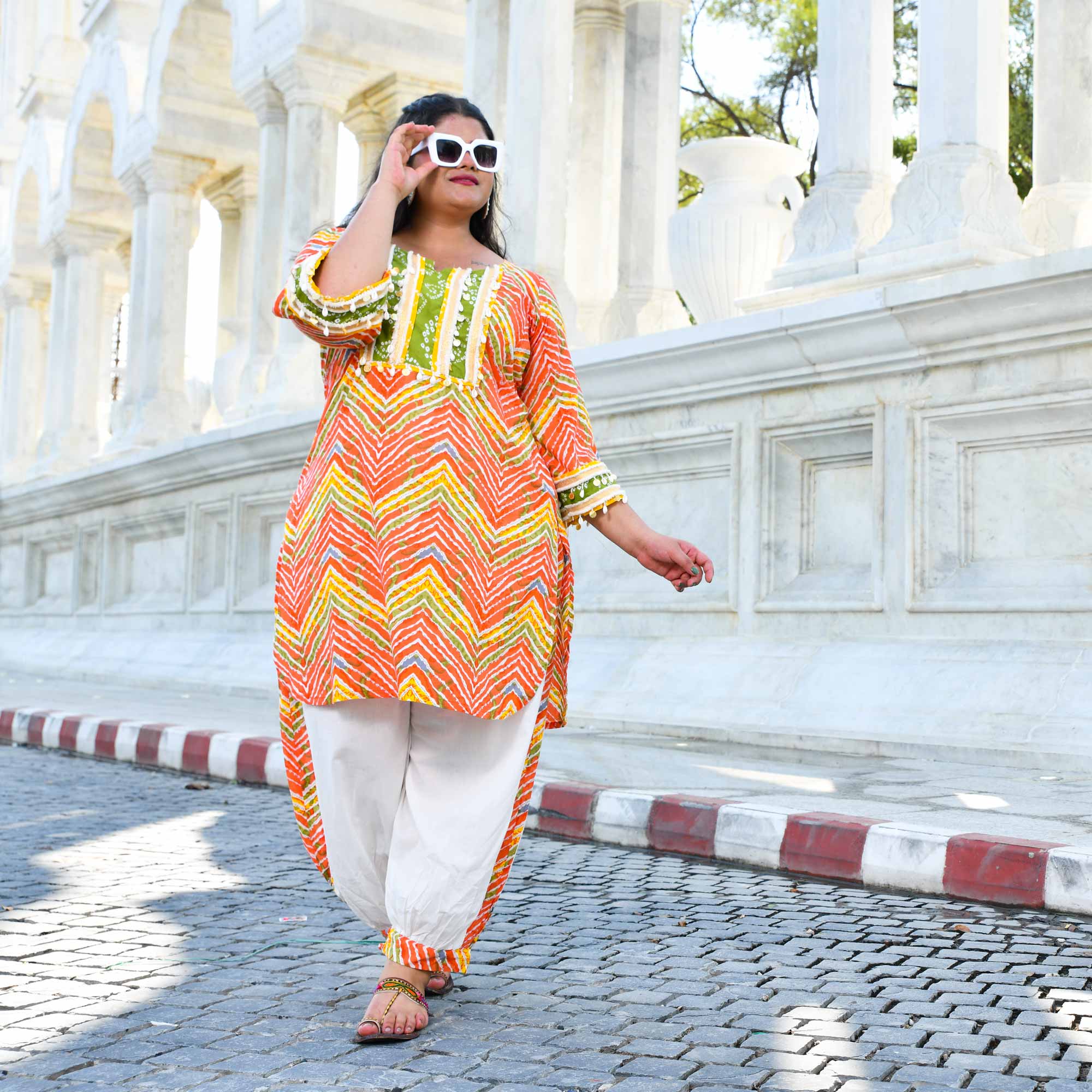 Tangy Splash- Orange Leheriya Cotton Bohemian Set