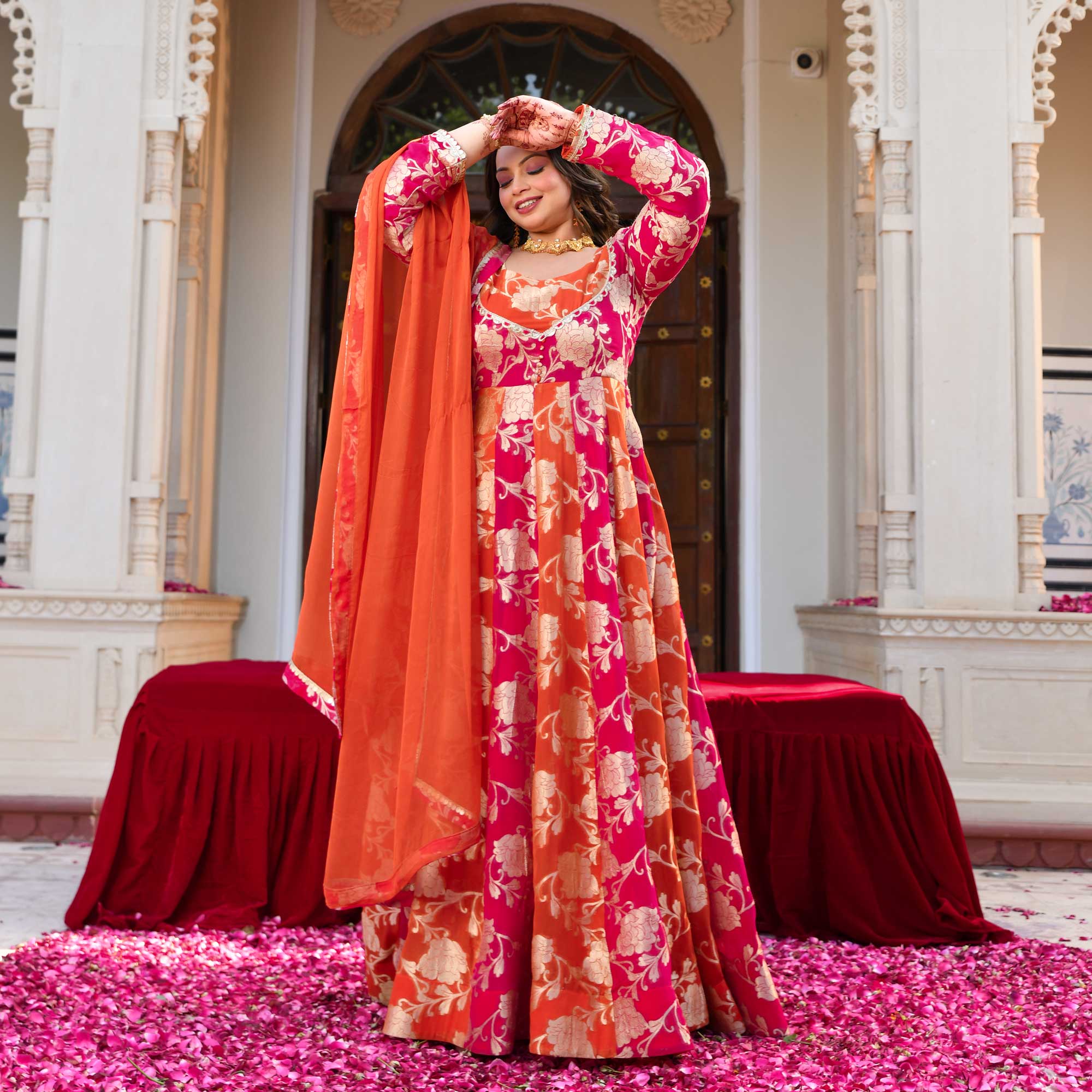 Kesar- Rani Pink & Orange Pure Georgette Banarasi Anarkali Set