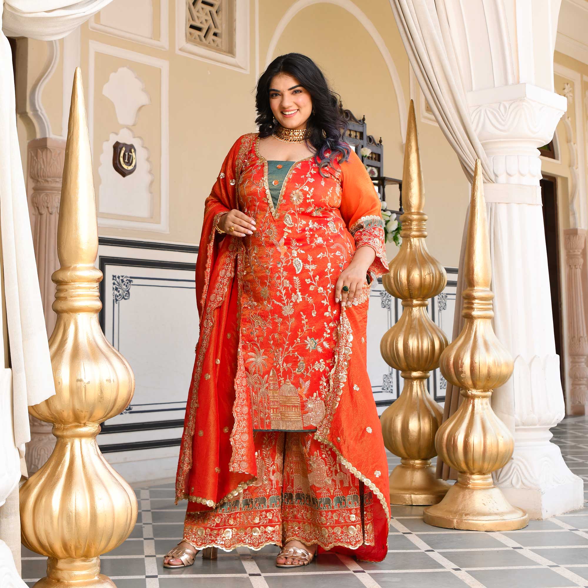Heer- Tangerine Sequin & Thread Embroidered Pure Tissue Silk Suit Set