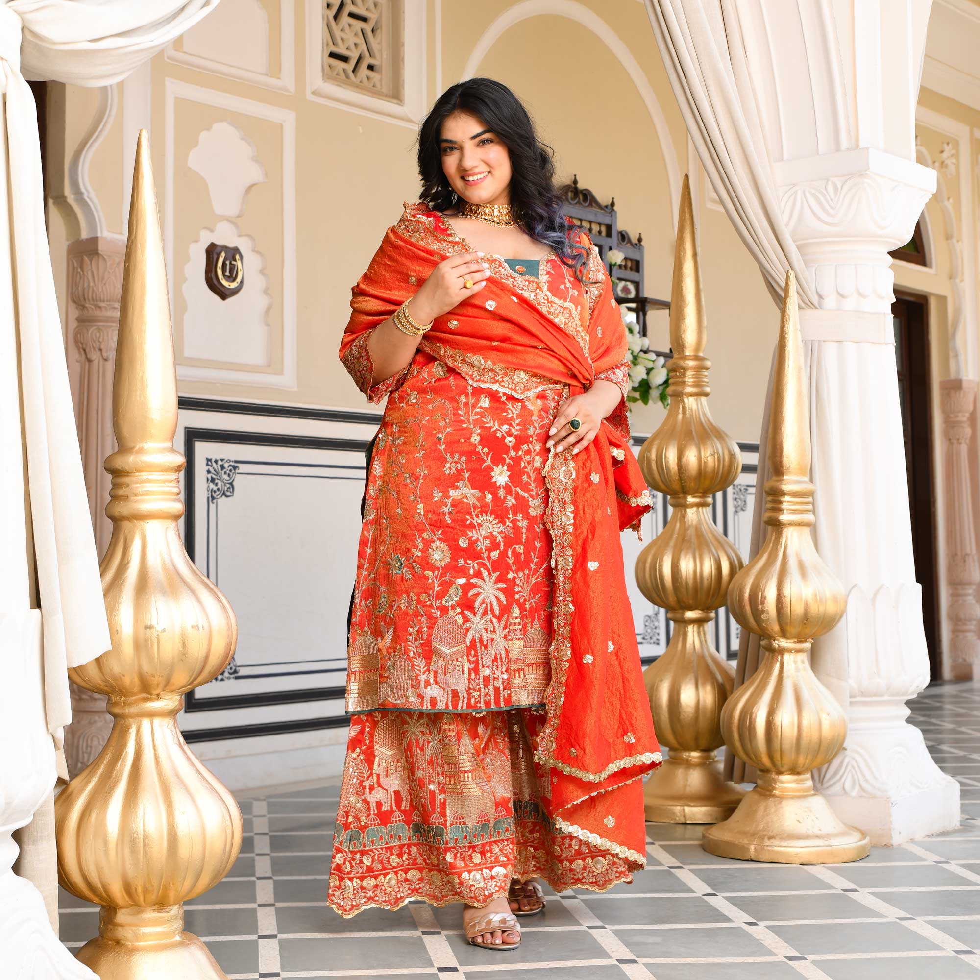Heer- Tangerine Sequin & Thread Embroidered Pure Tissue Silk Suit Set