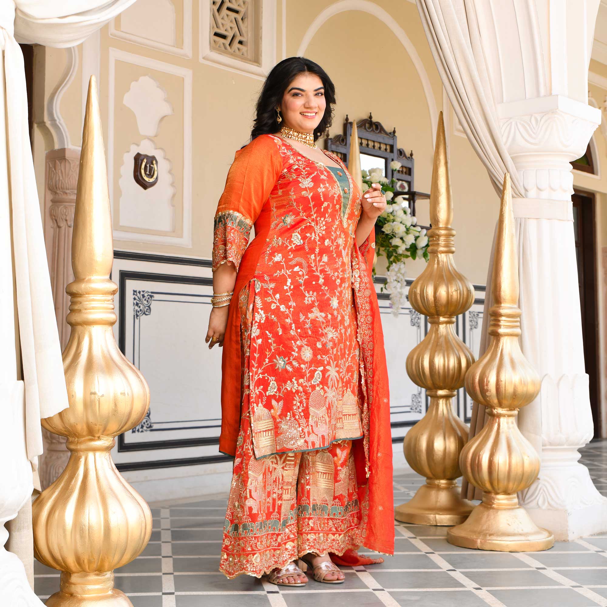 Heer- Tangerine Sequin & Thread Embroidered Pure Tissue Silk Suit Set