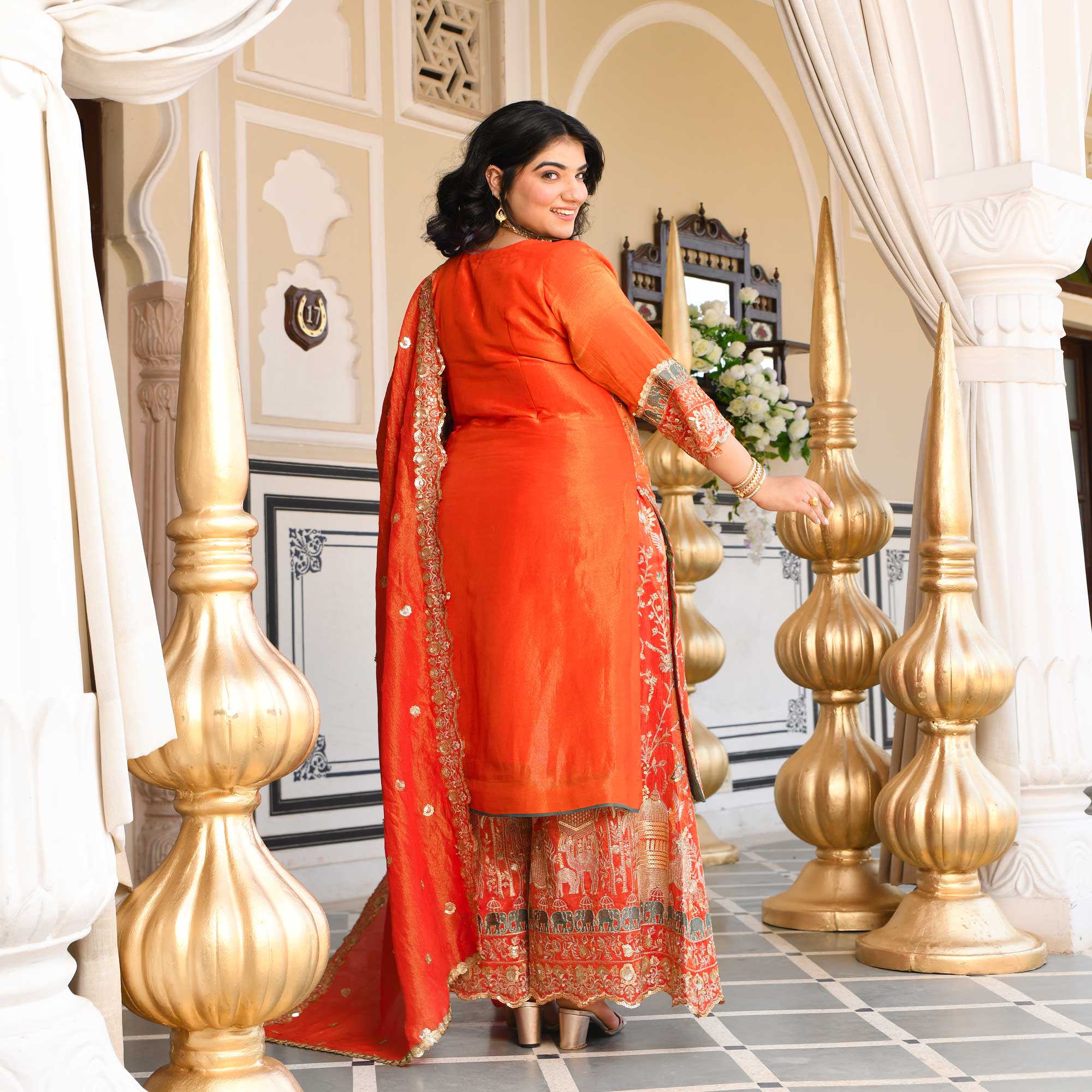 Heer- Tangerine Sequin & Thread Embroidered Pure Tissue Silk Suit Set
