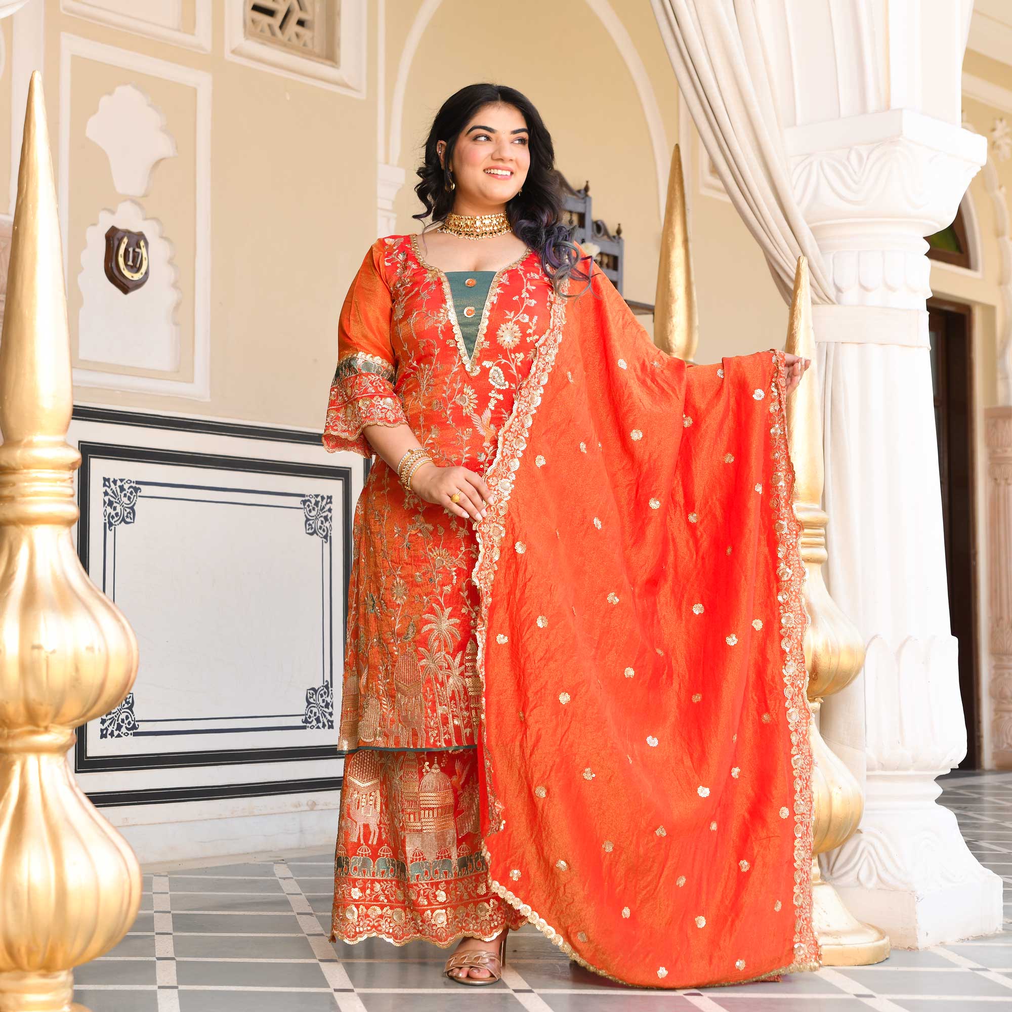 Heer- Tangerine Sequin & Thread Embroidered Pure Tissue Silk Suit Set