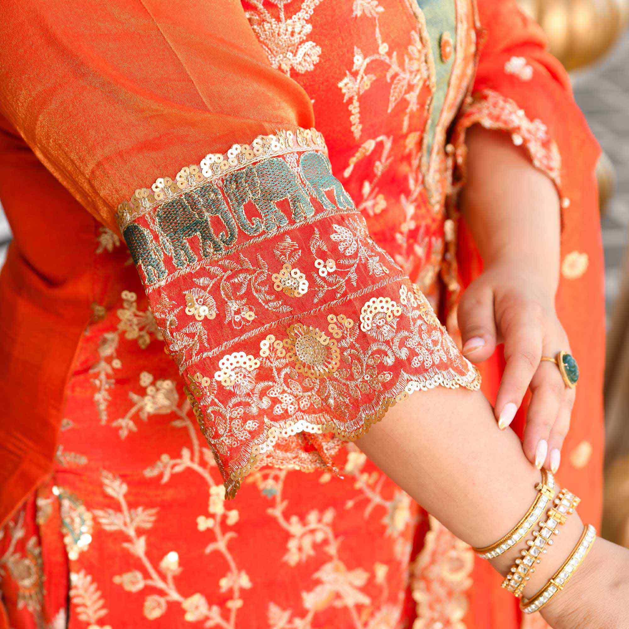 Heer- Tangerine Sequin & Thread Embroidered Pure Tissue Silk Suit Set