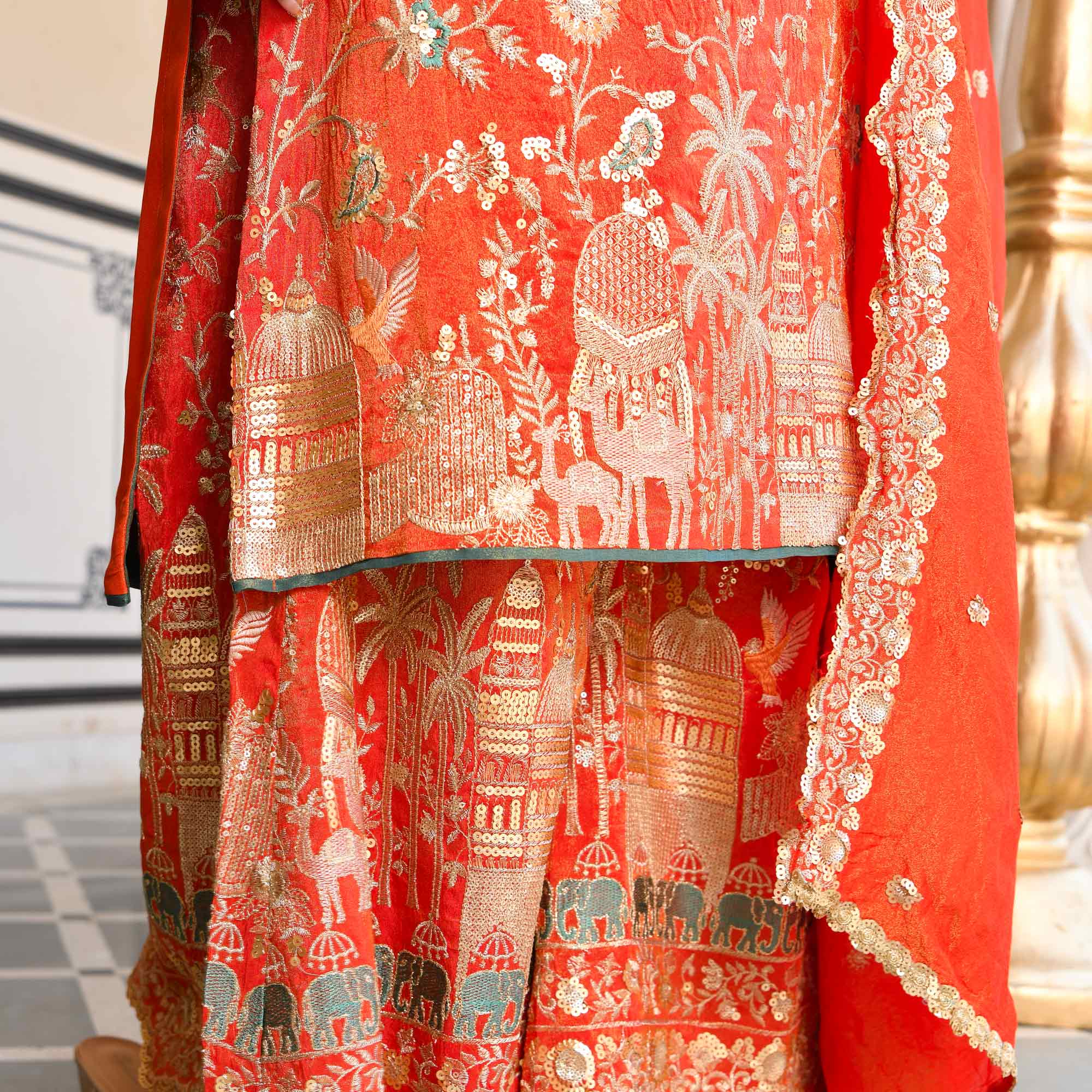 Heer- Tangerine Sequin & Thread Embroidered Pure Tissue Silk Suit Set