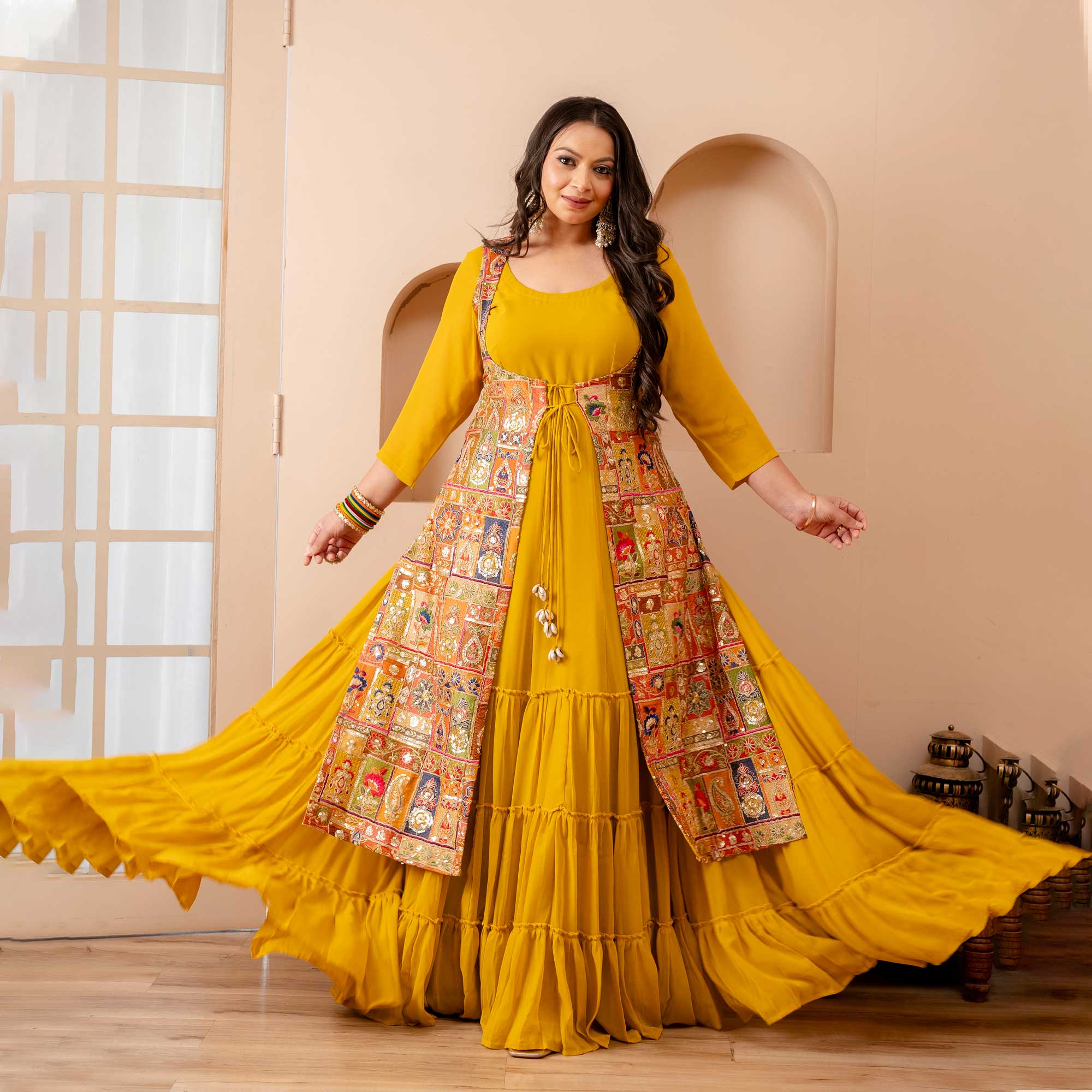 Royal Glow Tiered Dress With Embroidered Cape