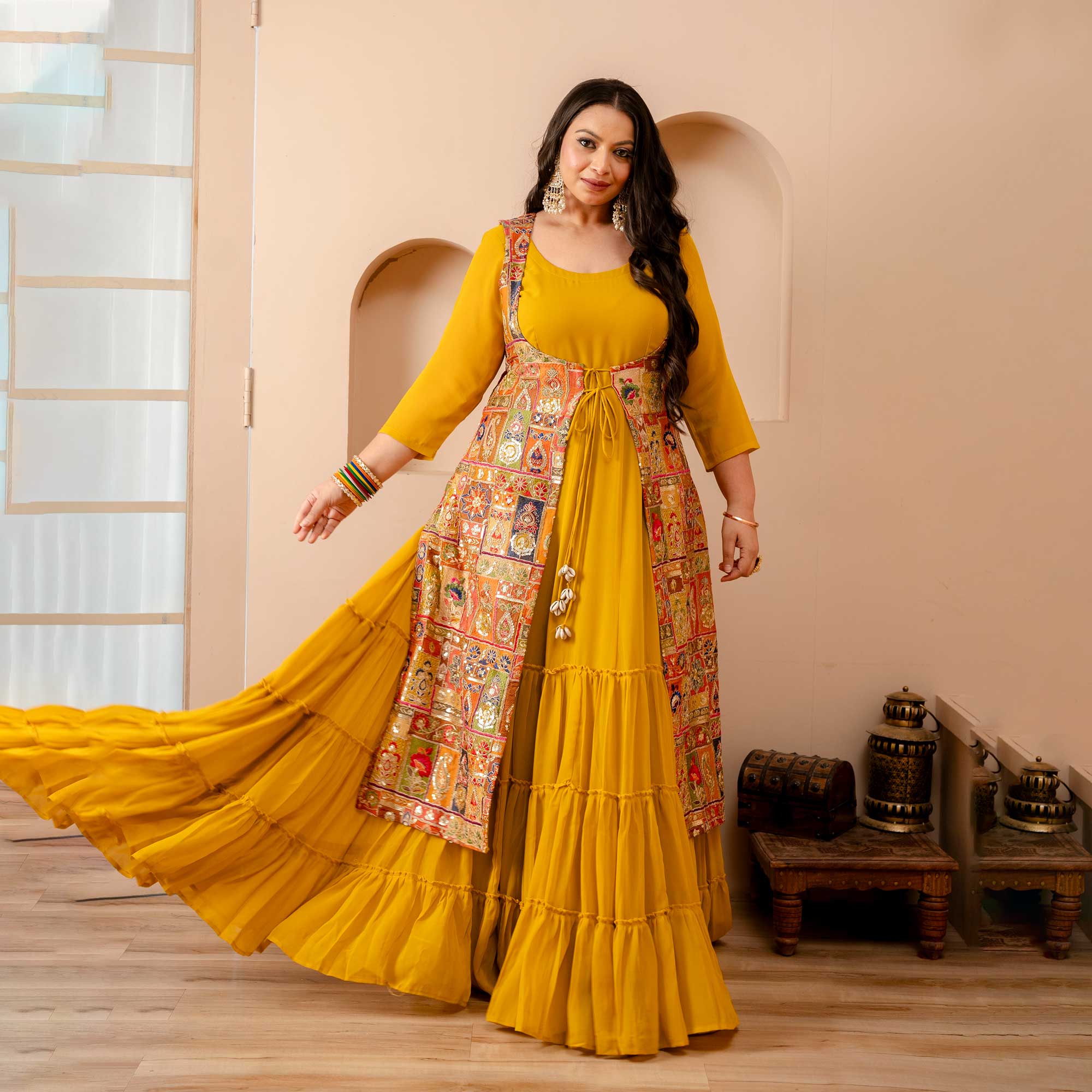 Royal Glow Tiered Dress With Embroidered Cape