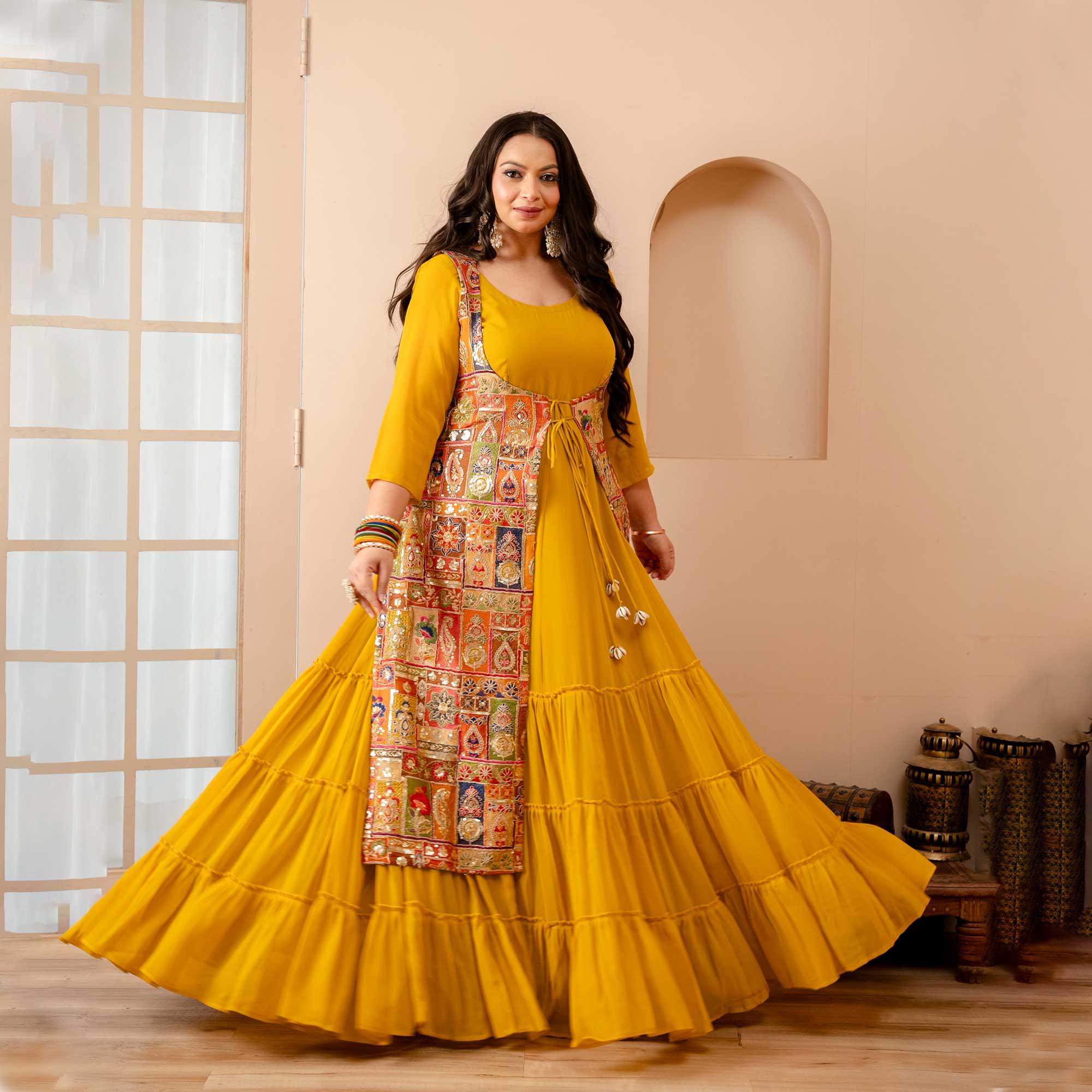 Royal Glow Tiered Dress With Embroidered Cape