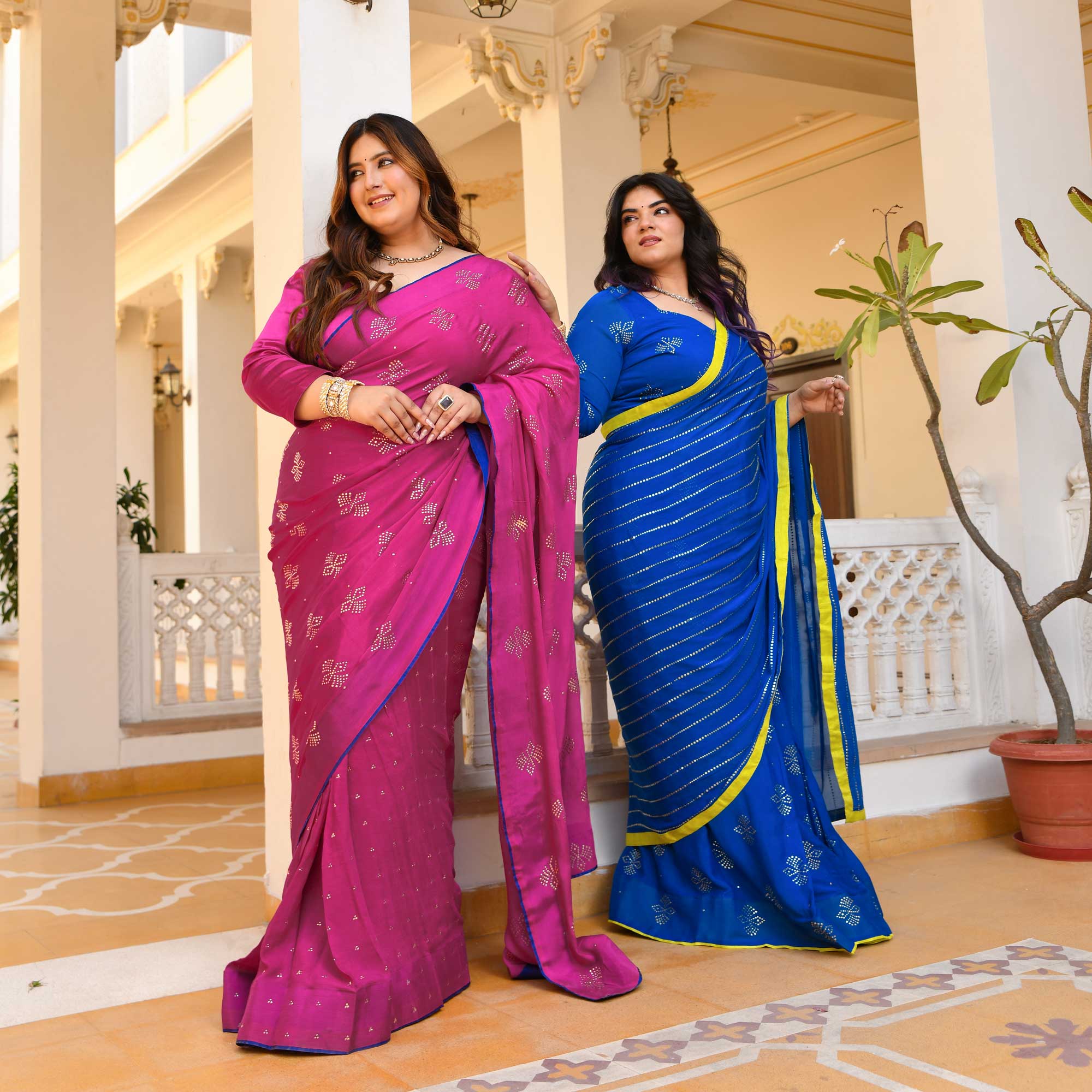 Chandani Leher- Electric Blue & Gold Embroidered Pre-drape Saree Set