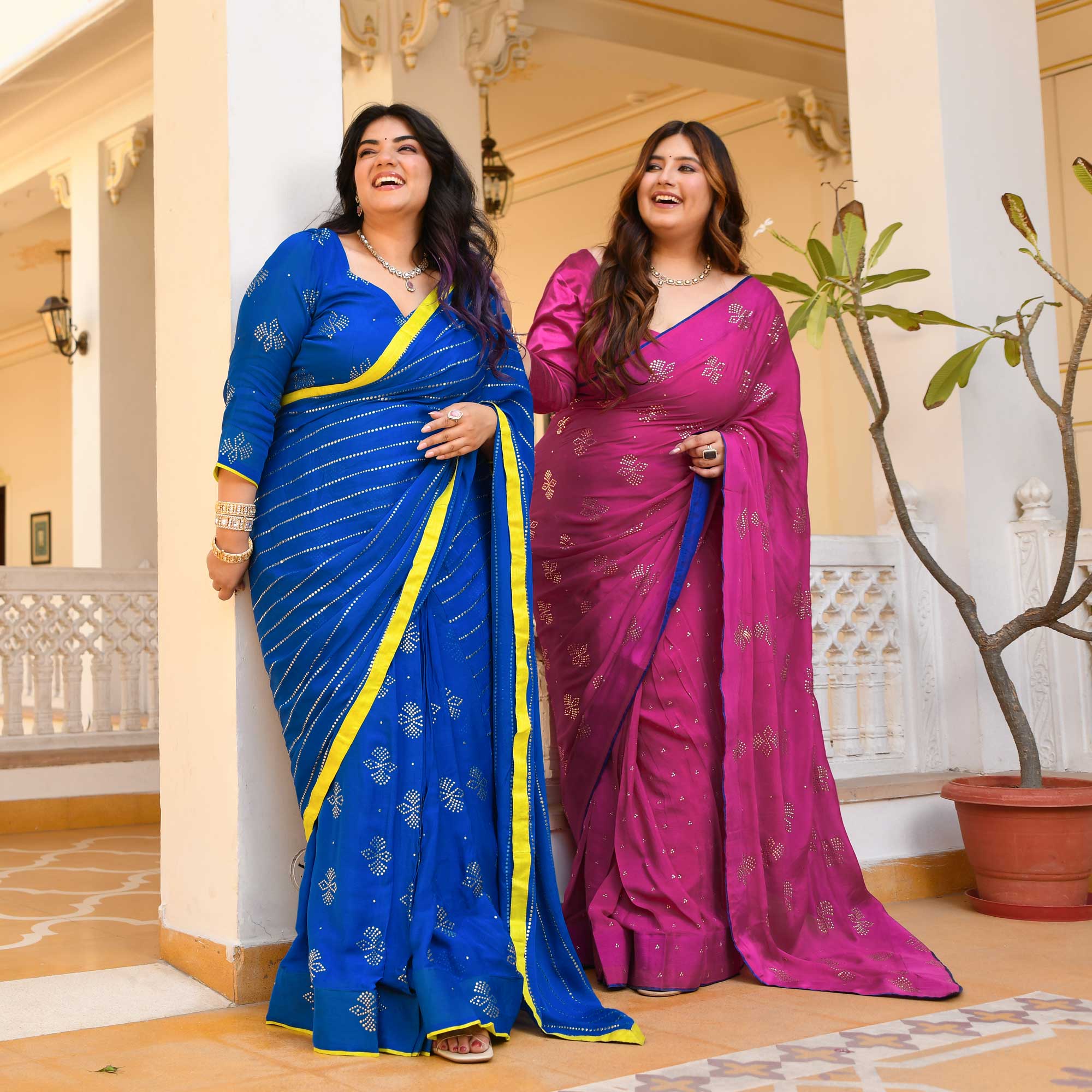 Blush Royale- Rani Pink & Gold Embroidered Pre-drape Saree Set