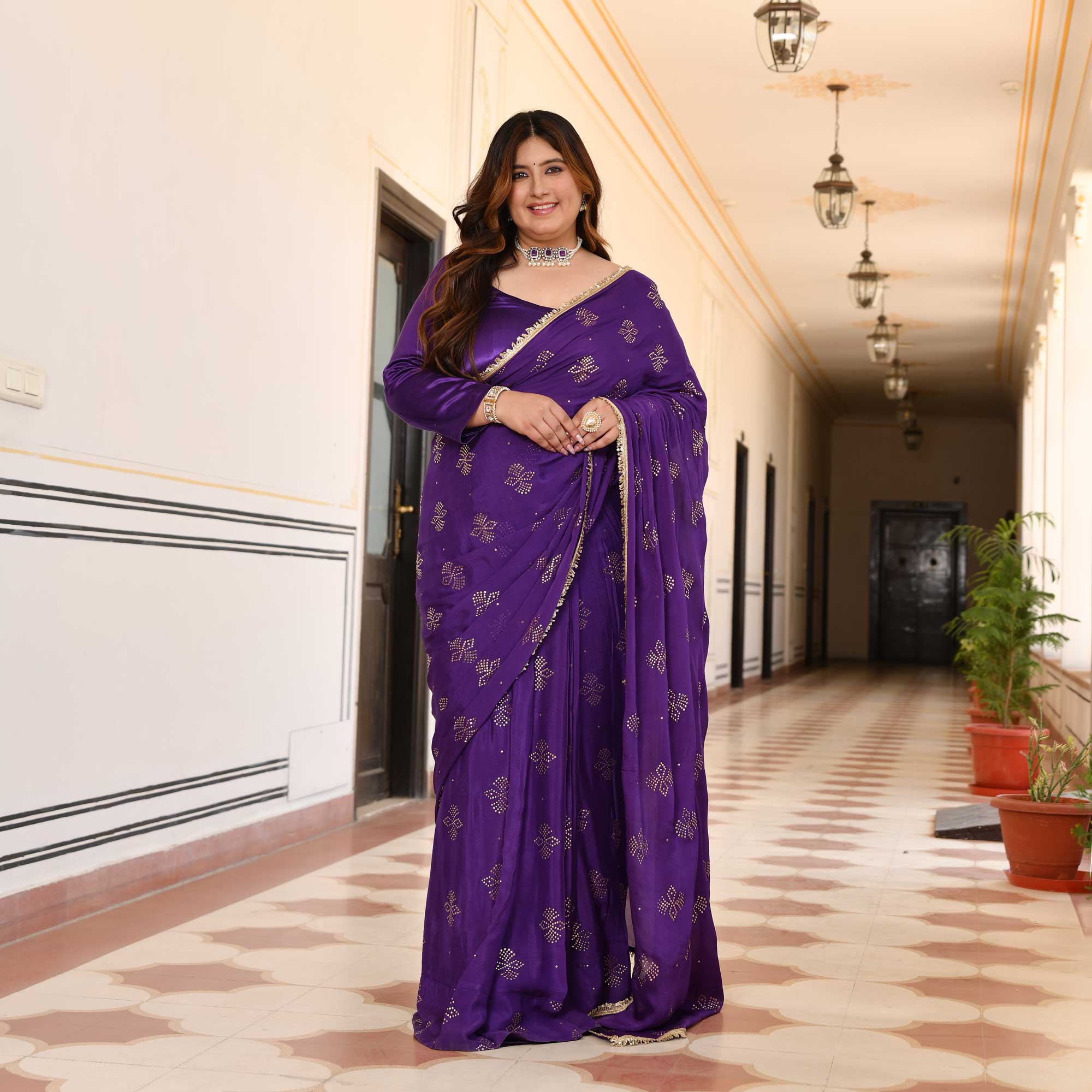 Regal Drapes- Deep Purple & Gold Embroidered Pre-drape Saree Set