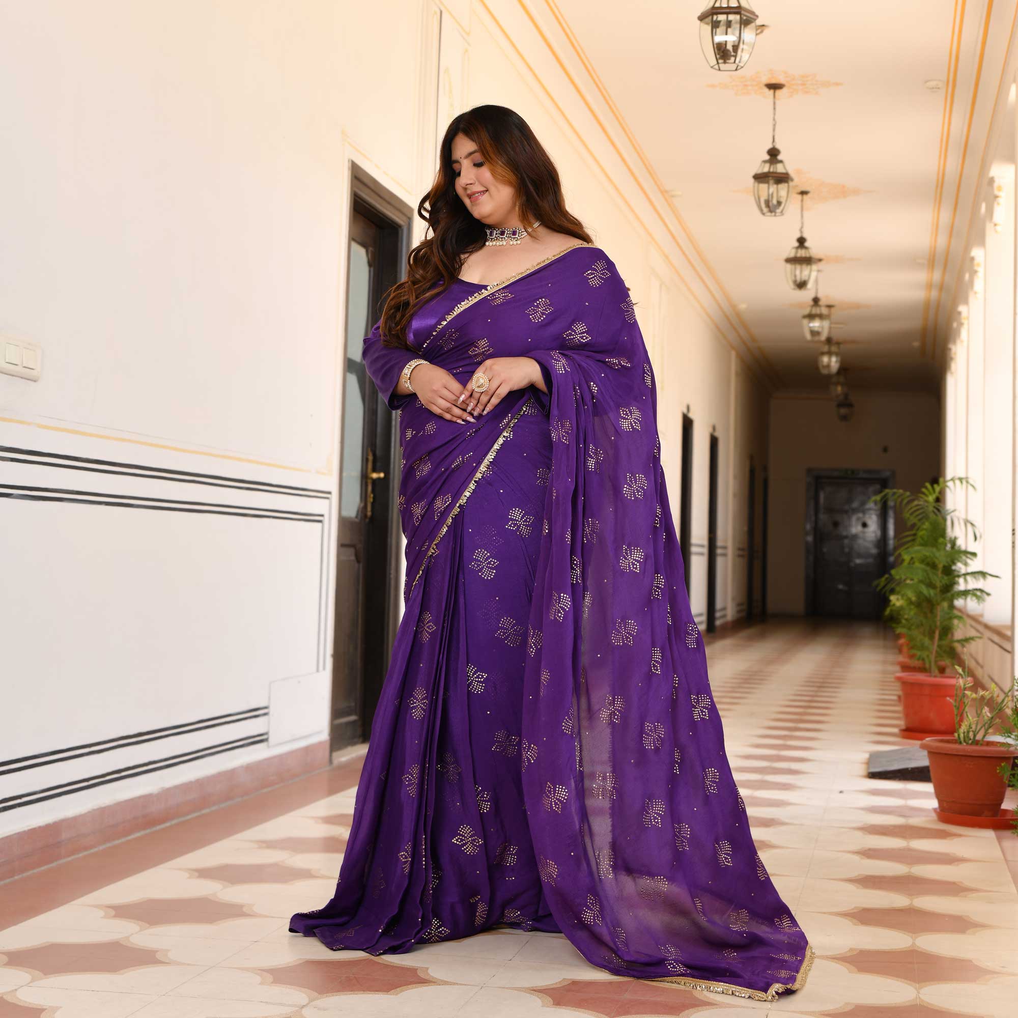 Regal Drapes- Deep Purple & Gold Embroidered Pre-drape Saree Set
