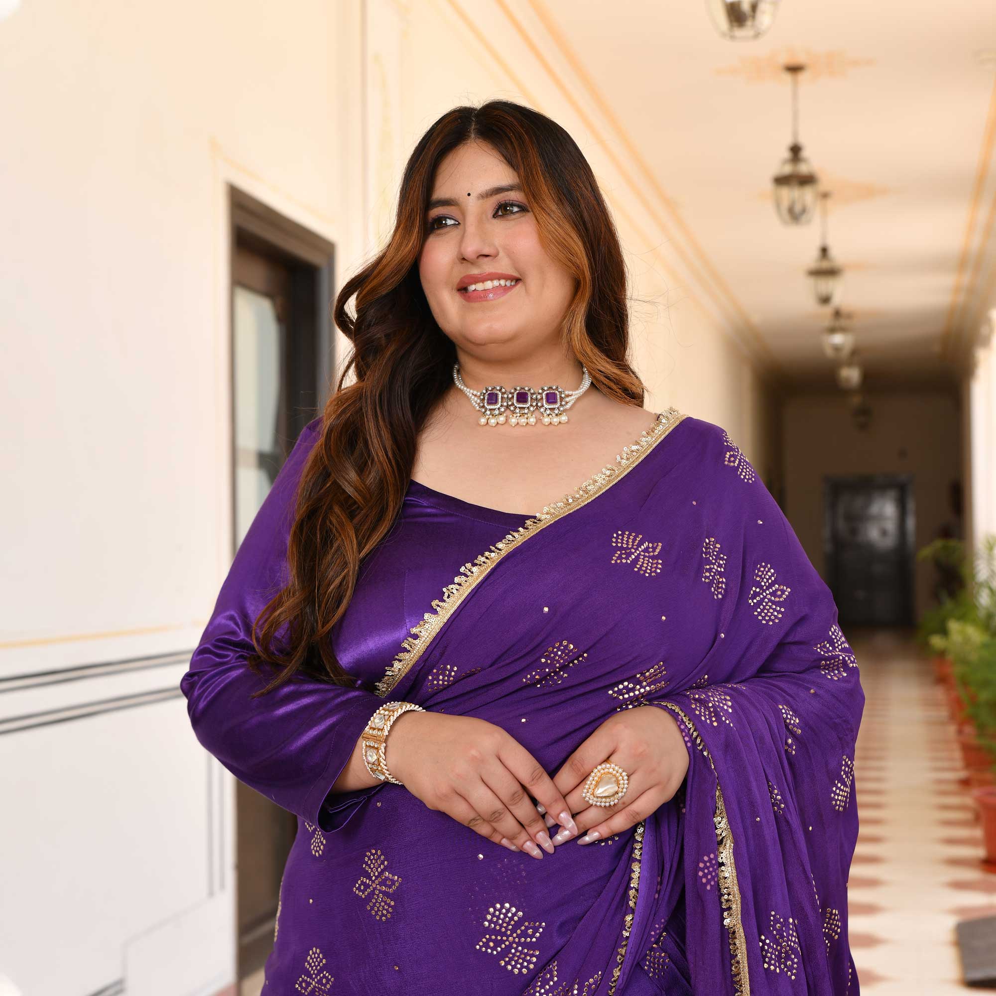 Regal Drapes- Deep Purple & Gold Embroidered Pre-drape Saree Set