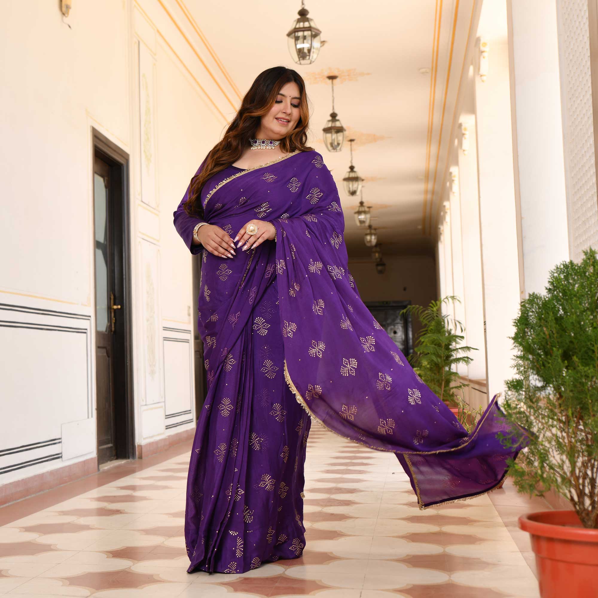 Regal Drapes- Deep Purple & Gold Embroidered Pre-drape Saree Set