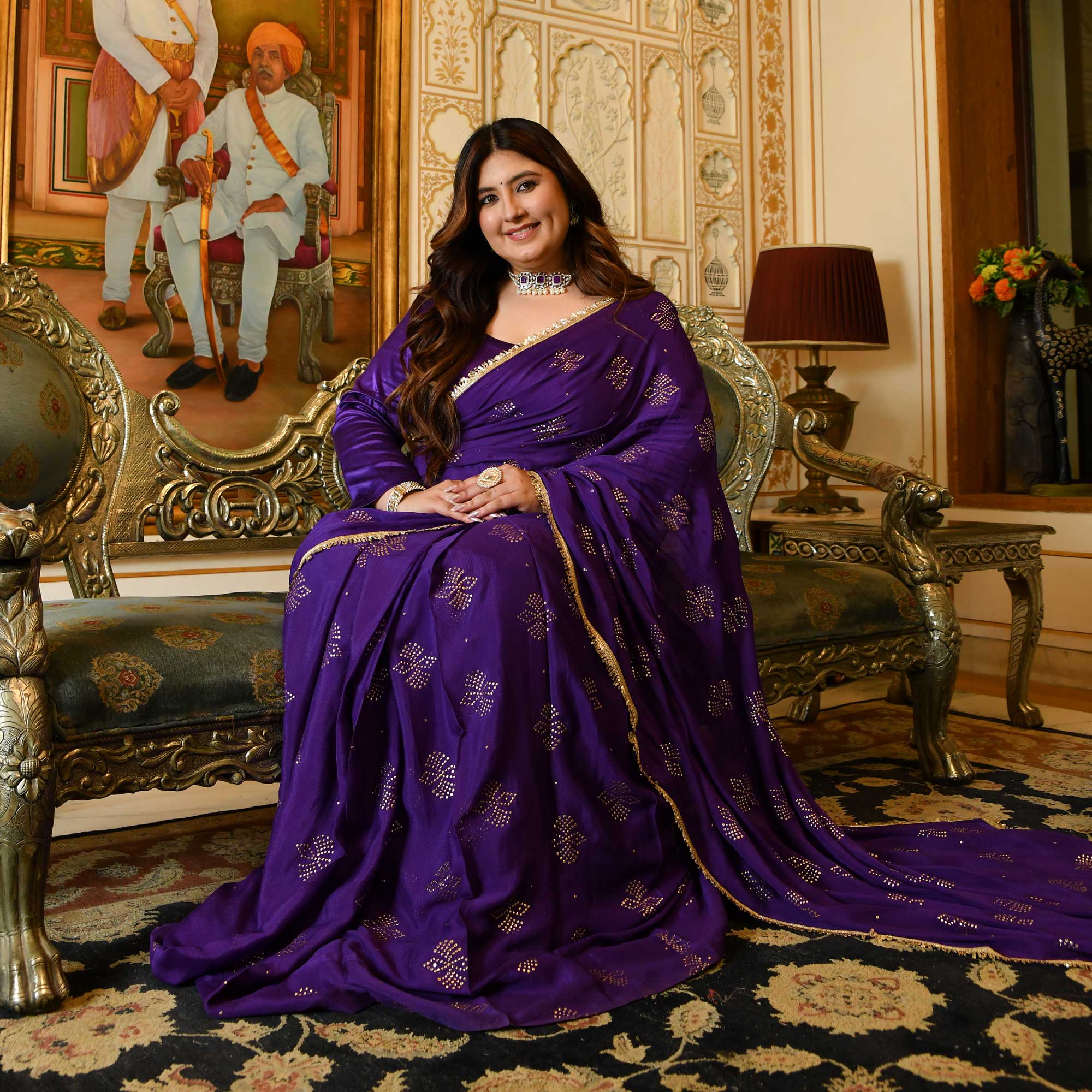 Regal Drapes- Deep Purple & Gold Embroidered Pre-drape Saree Set