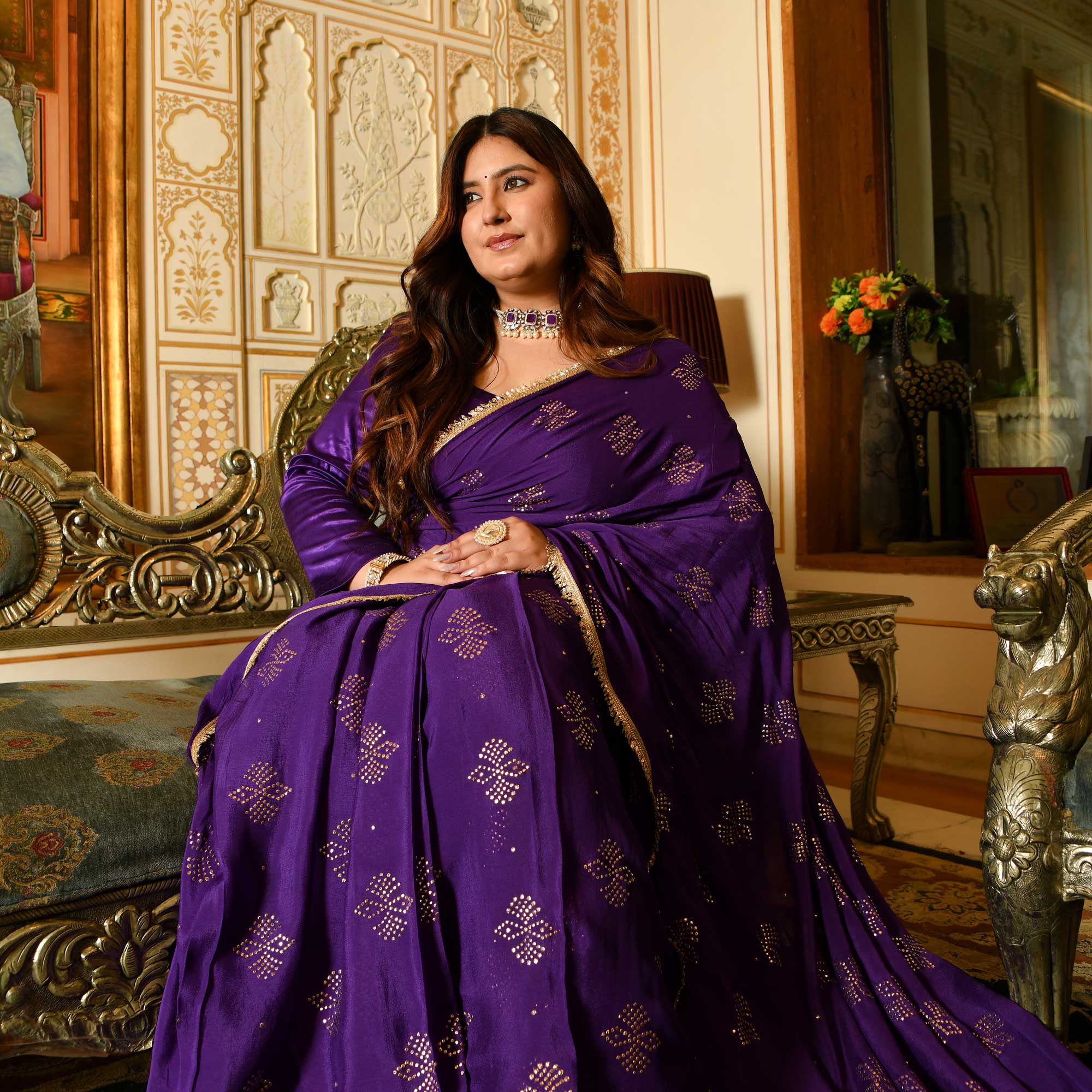 Regal Drapes- Deep Purple & Gold Embroidered Pre-drape Saree Set