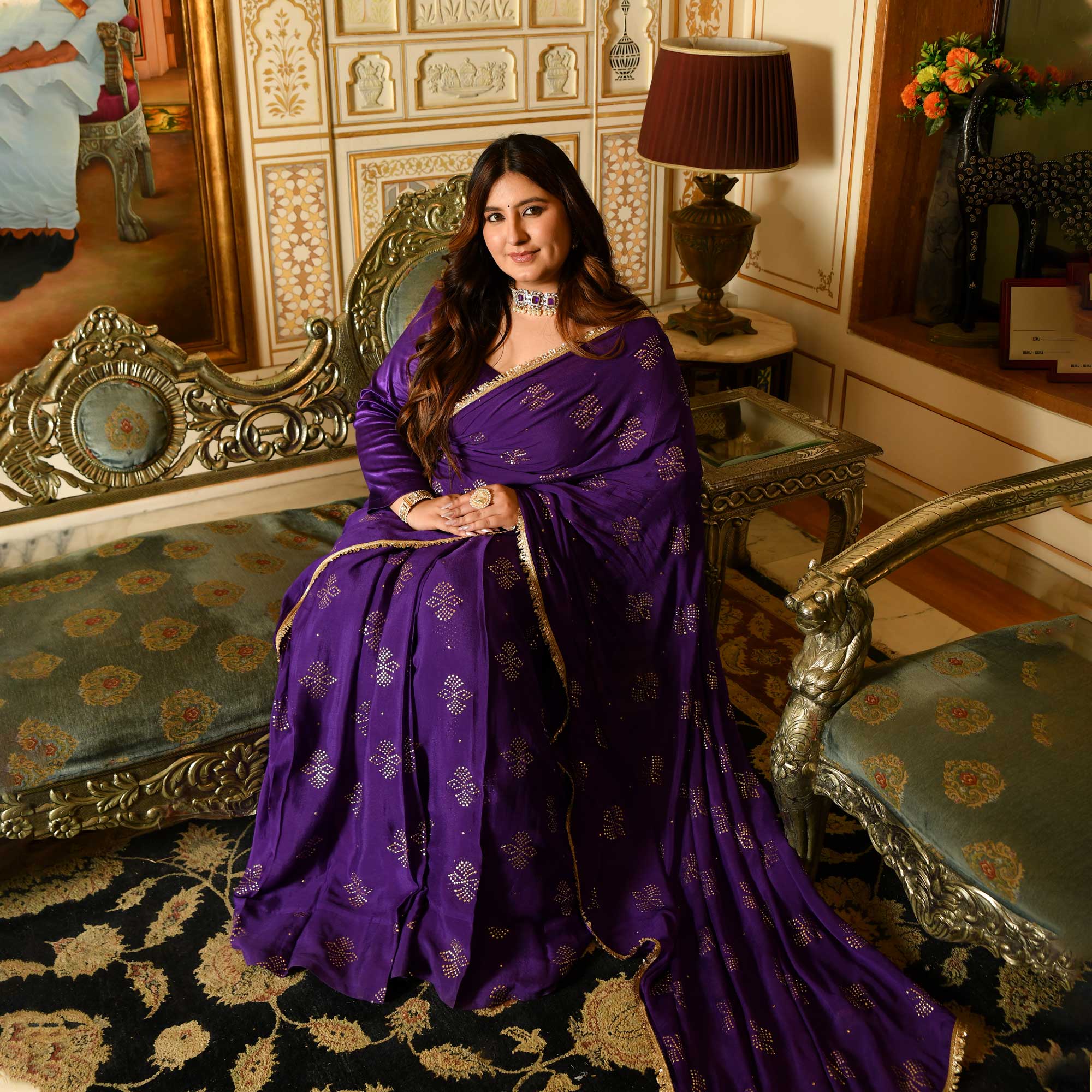 Regal Drapes- Deep Purple & Gold Embroidered Pre-drape Saree Set